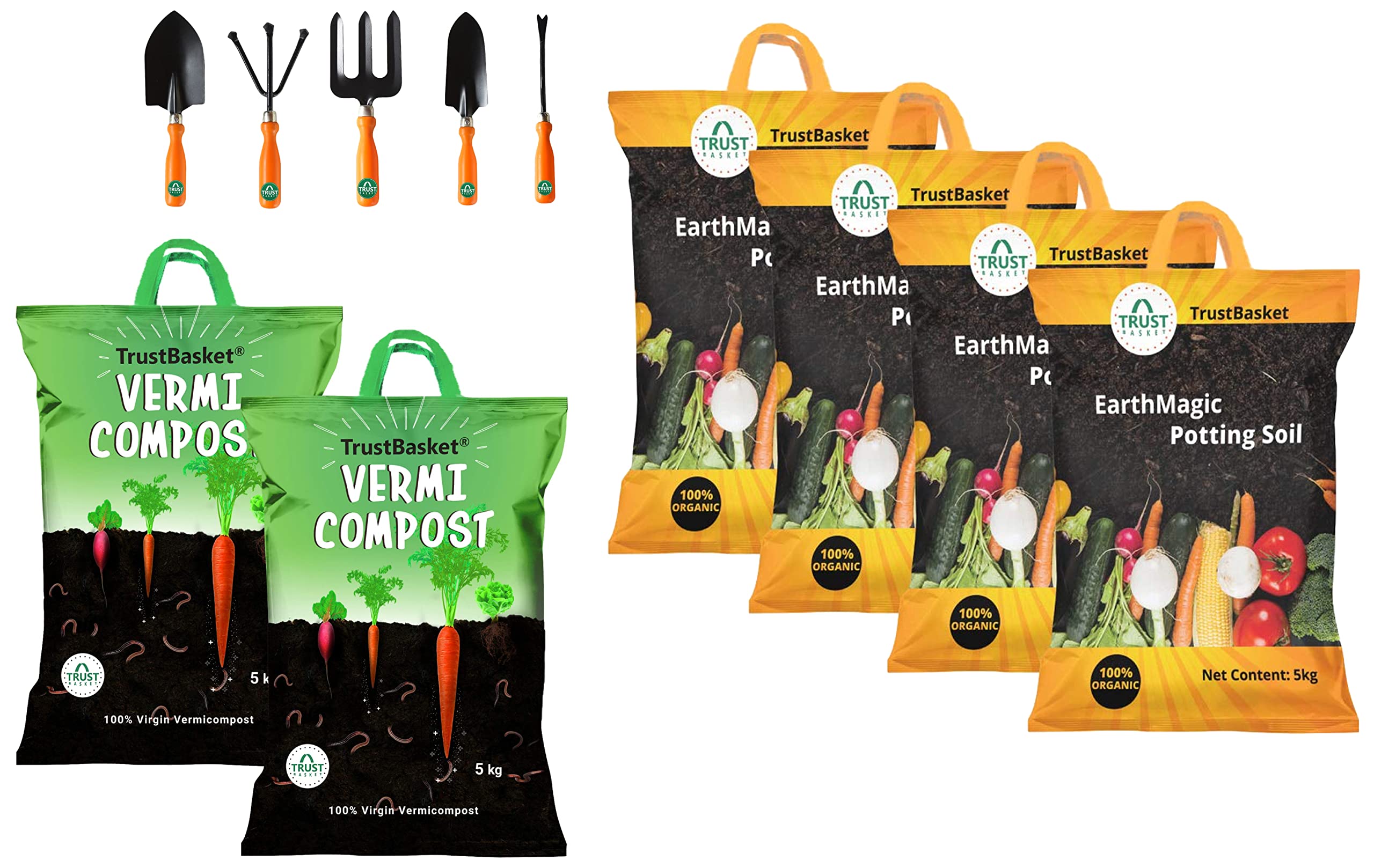 TrustBasket Set of 5 Heavy Duty All Purpose Garden Tool Kit & Trust Basket Organic Vermicompost Fertilizer Manure- 10 Kg & Enriched Premium Organic Earth Magic Potting Soil Mix- 20 KG, Brown