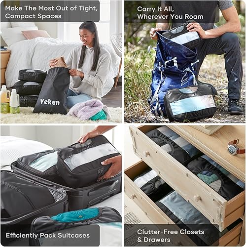 Miniatura 8 de Juego de 8 cubos de embalaje de varios colores para maletas en 4 tamaños (extra grande, grande, mediano, pequeño), juego de bolsas de equipaje Veken