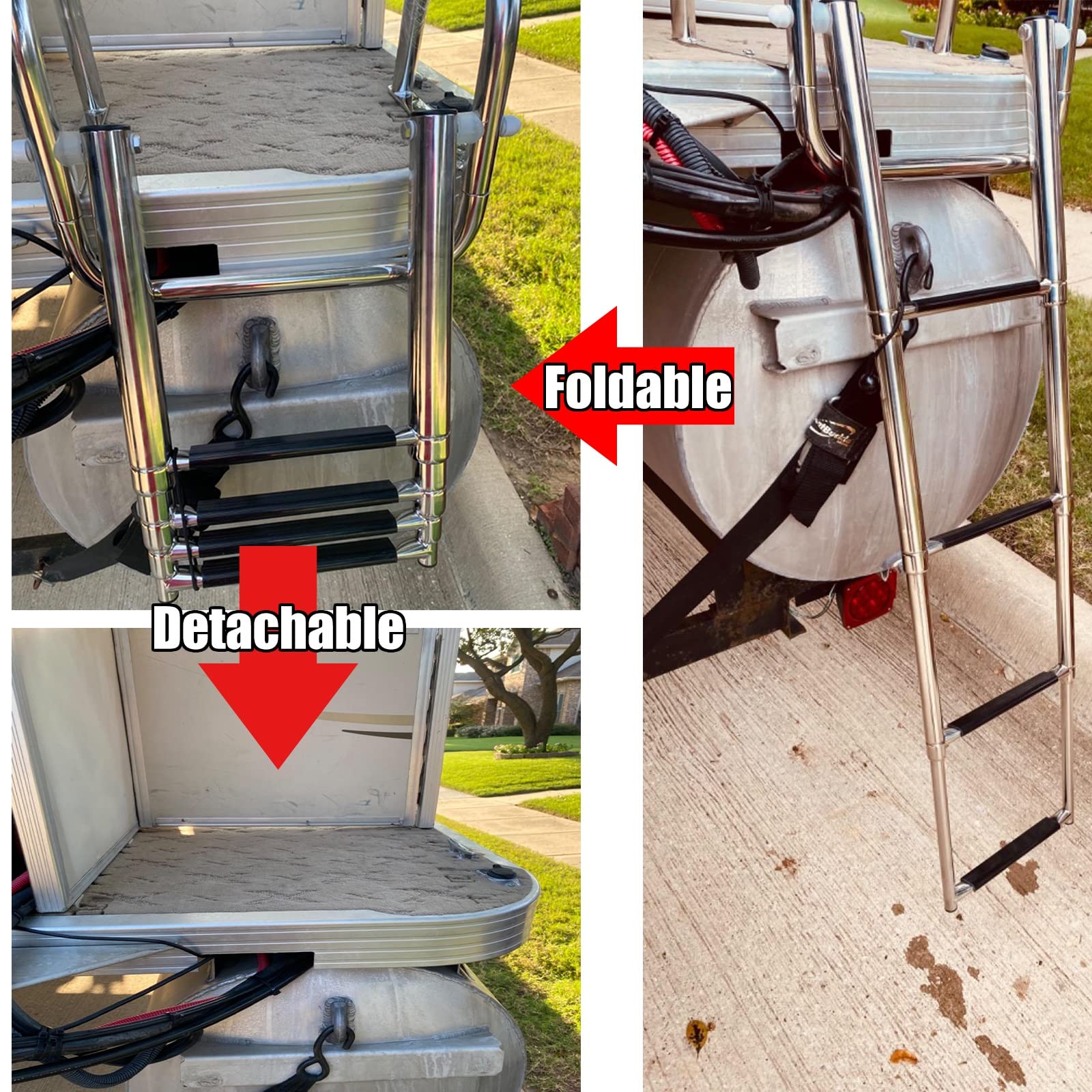 Generisch Klappbare Tauchleiter aus Edelstahl, Dockleiter mit 4 Stufen, Pontonbootleiter mit Zubehör für Fischerboote/Bassboote/Schiffe/Wohnmobile, tragbare Bootsleiter aus rostfreiem Edelst