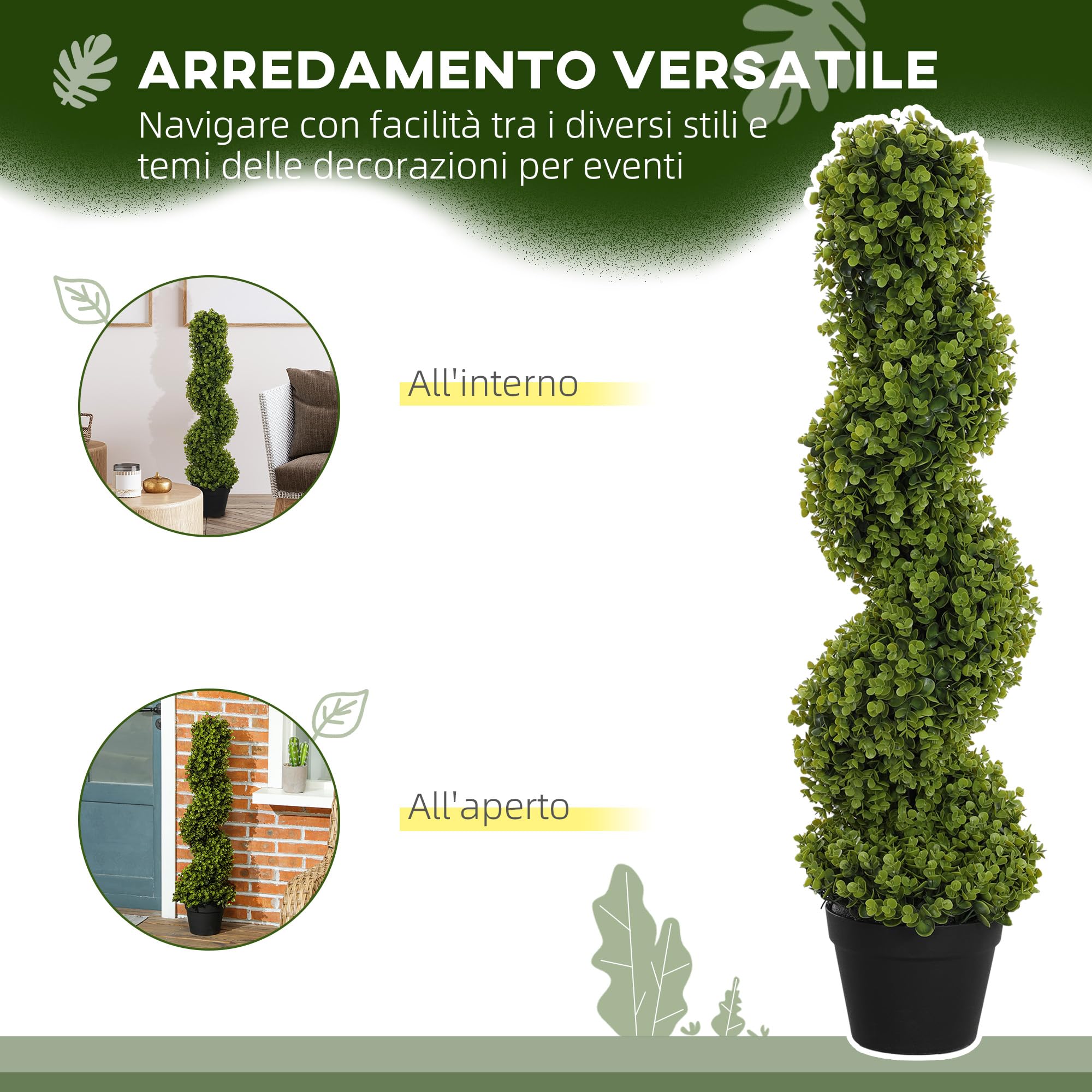 HOMCOM Pianta Finta Eucalipto a Spirale, Pianta Artificiale con Vaso Incluso Resistente ai Raggi UV, Decorazione per Interno ed Esterno, Altezza 90 cm, Verde