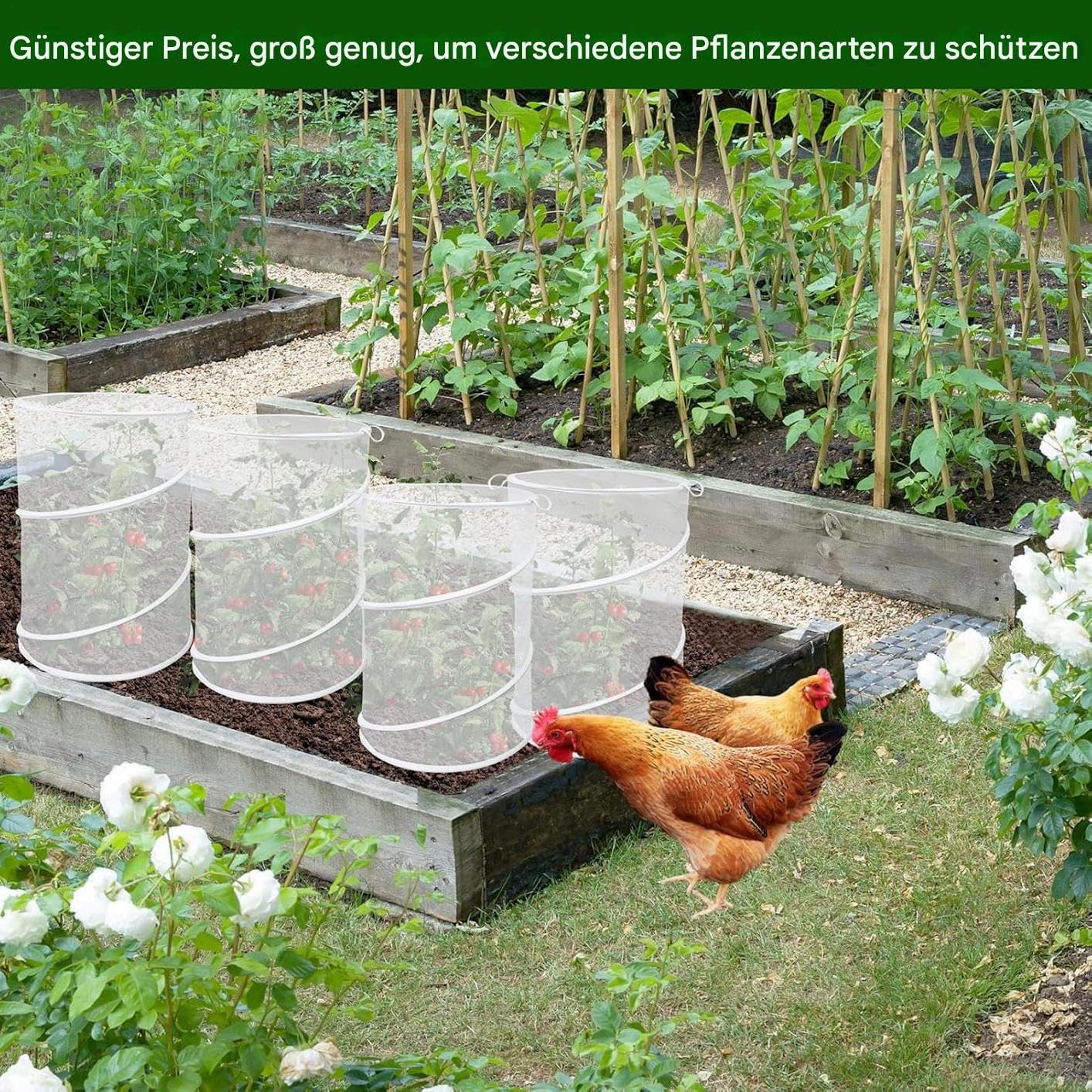Netz-Pflanzenabdeckung 4-Teilige Tier-Barriere mit 16 stabilen Erdspießen | Aufstellbare Garten-Pflanzenschutznetz-Abdeckung für Hochbeete, Erdbeerbeete, Terrassen, Obstplantagen sowie Gewächshäus