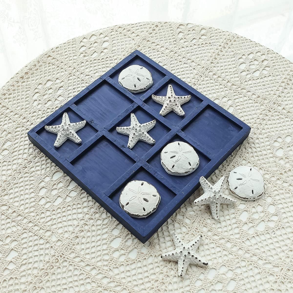 SOFFEE DESIGN Starfish Wooden Tic Tac Toe Decor Beach Ocean Style for Fun Room Decoration Sand Dollar & Starfish, Blue