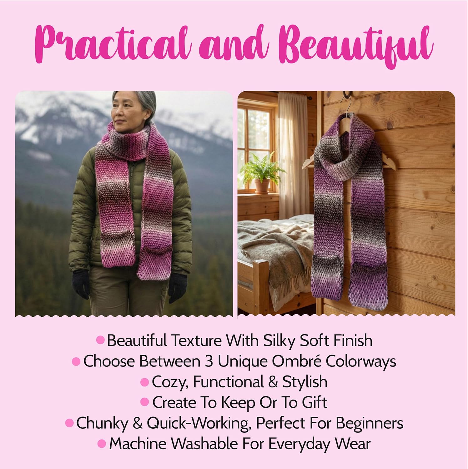 KnitPal Tunisian Scarf with Pockets Kit – 2 Skeins Ombre Encore (#5 Bulky, 100% Acrylic), Tunisian Hook, Pattern & Video – Beginner Tunisian Crochet, 6" x 84" (White Raspberry)