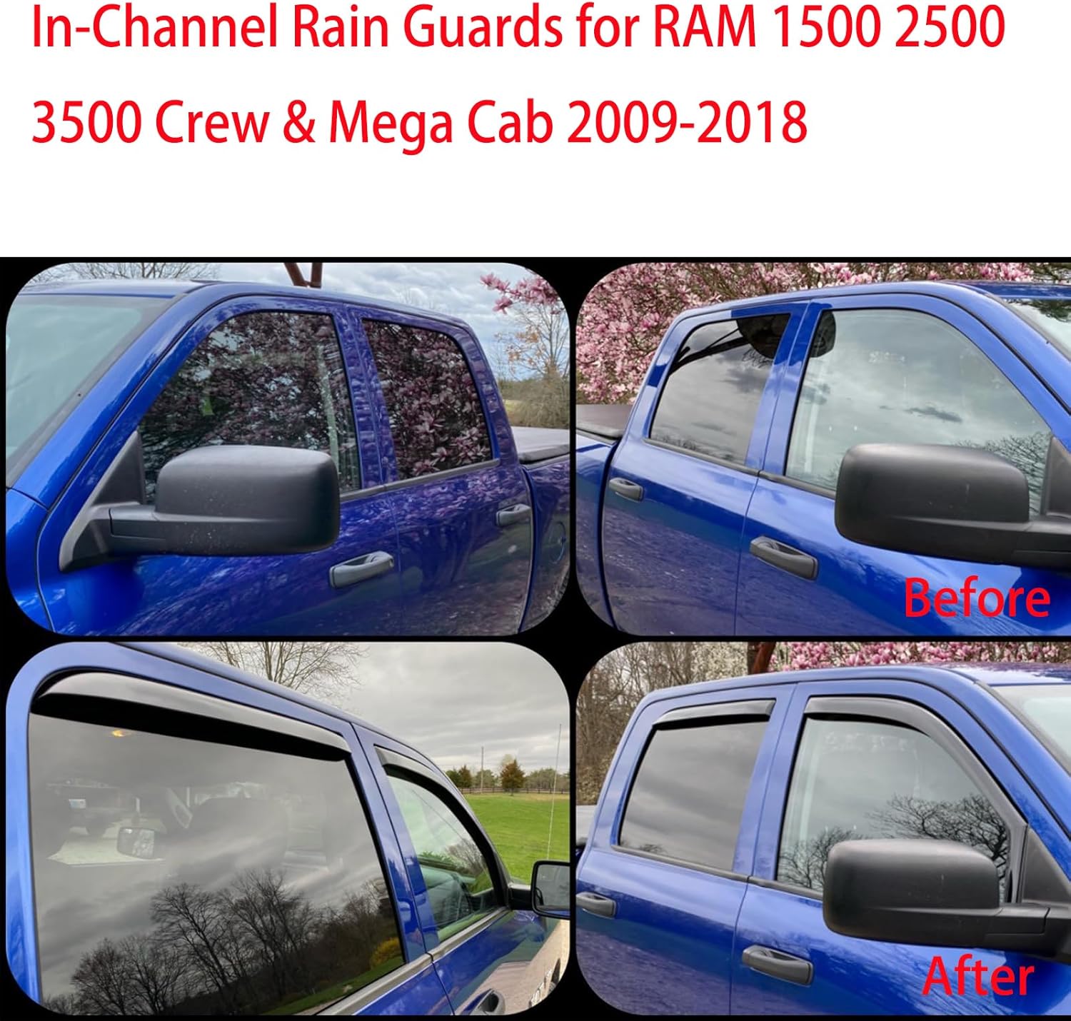 in Channel Window Visors Rain Guards for 2009-2018 Dodge Ram 1500 Crew Cab/Mega Cab,10-25 Ram 2500 3500 Crew Cab/Mega Cab,19-24 Ram 1500 Classic, 4PCS Window Vent Visors