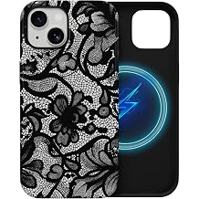 Skyseaco Compatible with iPhone 15 Case, Black Lace Floral Pattern MagSafe Case, Elegant Aesthetic TPU + PC Hybrid Shockproof Protective Cover for Women and Girls, Magnetic Phone Case
