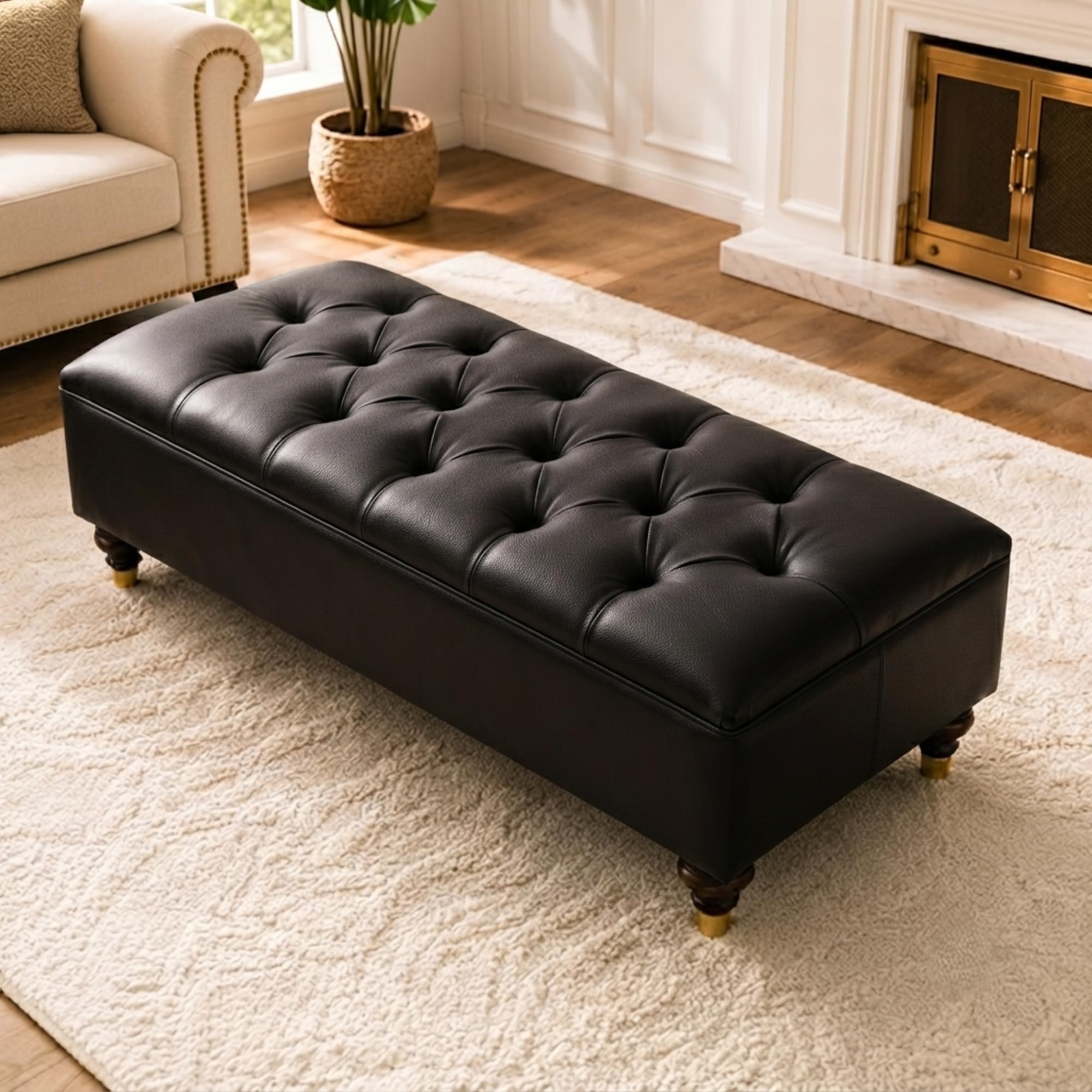 Naples Chesterfield Coffee Table Footstool Storage 102cm Black Leather