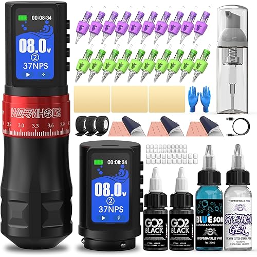 Wormhole Tattoo Gun Kit Professional Xtreme Tattoo Ink 2,300mAh Battery 20 Tattoo Needles with Extra Battery Wireless Tattoo Machine Kit Multi-function Smart Tattoo Pen 7 Strokes Length