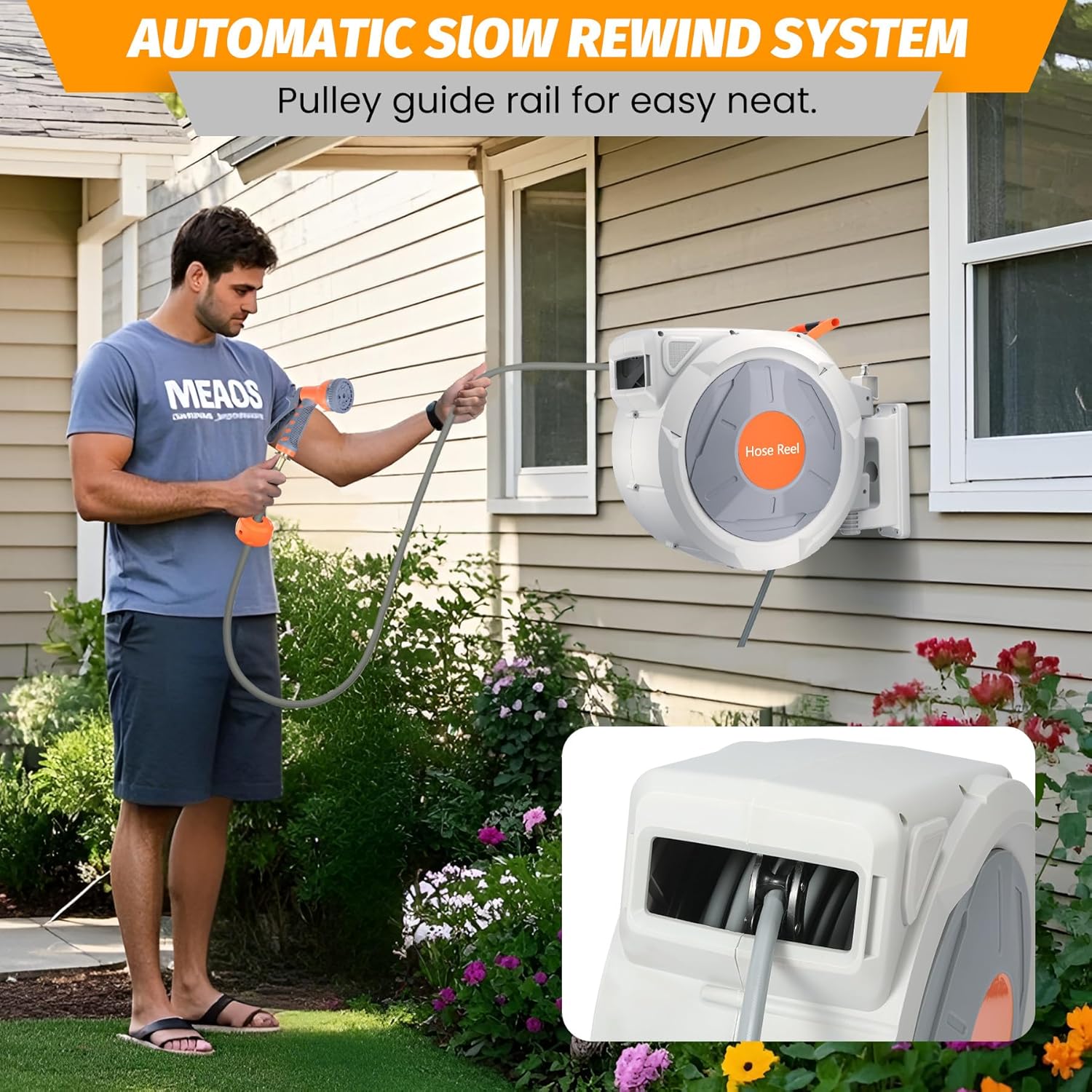 Retractable Garden Hose Reel, 5/8 In x 100 Ft With 9 Function Sprayer Nozzle, Any Length Lock, Automatic Rewind and Slow Return System, Wall Mounted and 180 Deg Swivel Bracket