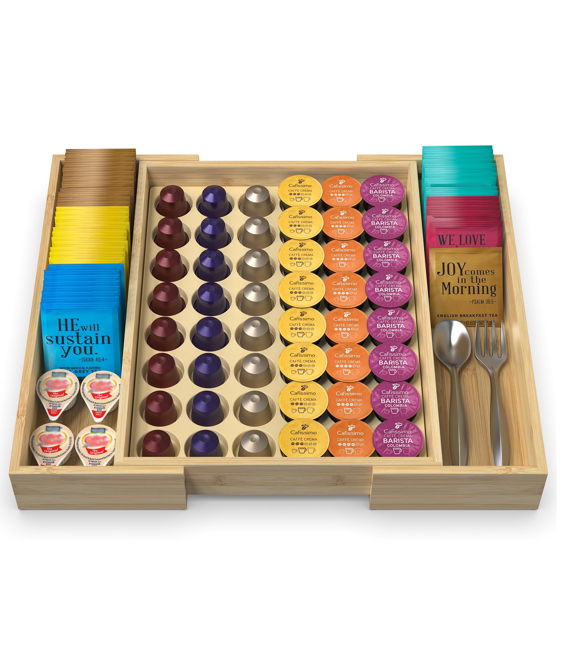 WELL WENG range-capsules à bambou extensible pour tiroir de comptoir, compatible avec les capsules Nespresso Original, capacité de 48 capsules (extensible de 29,5 cm à 45,7 cm)