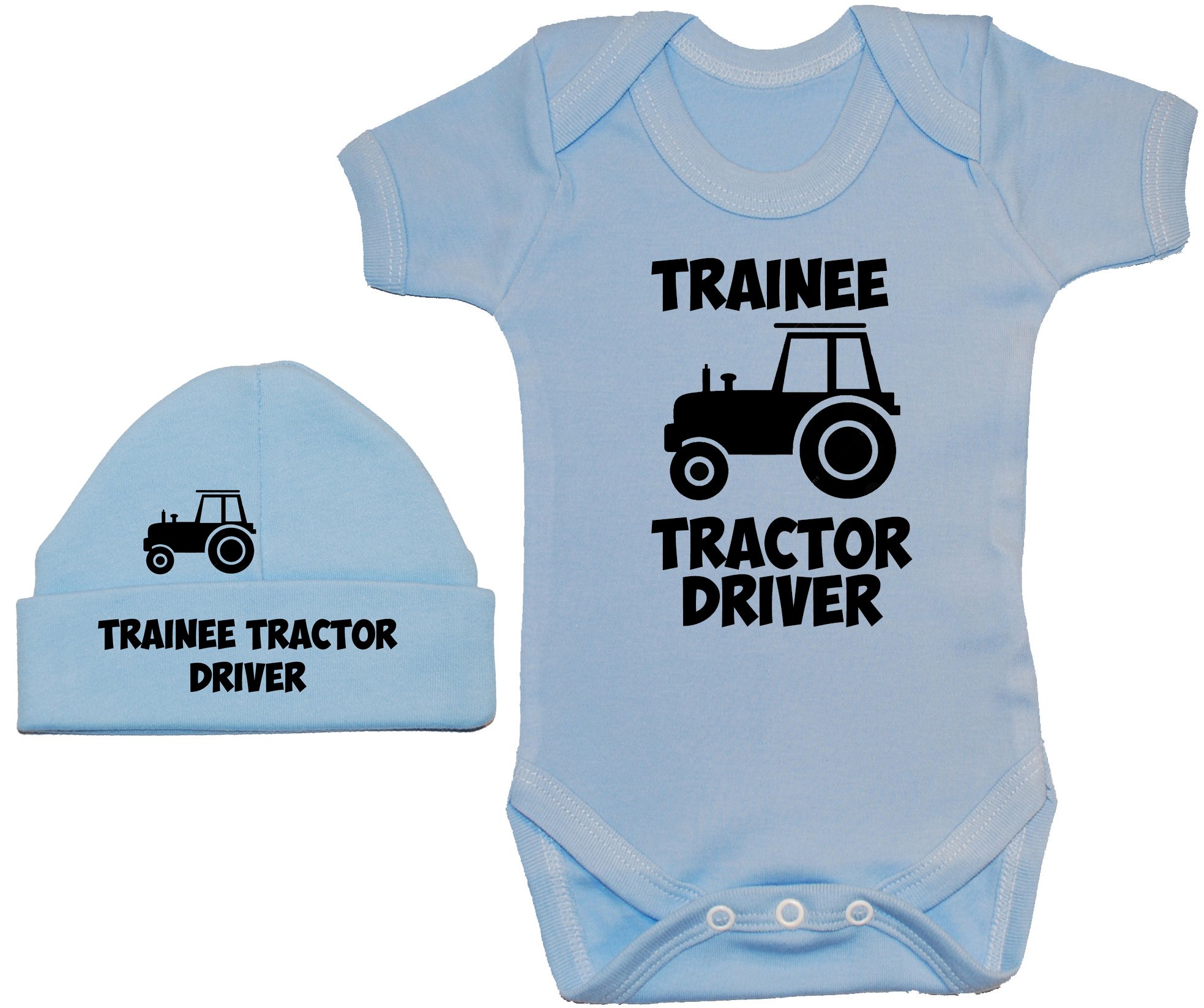 Acce Products Trainee Tractor Driver Baby Bodysuit/Romper & Beanie Hat - 0-3 Months - Blue