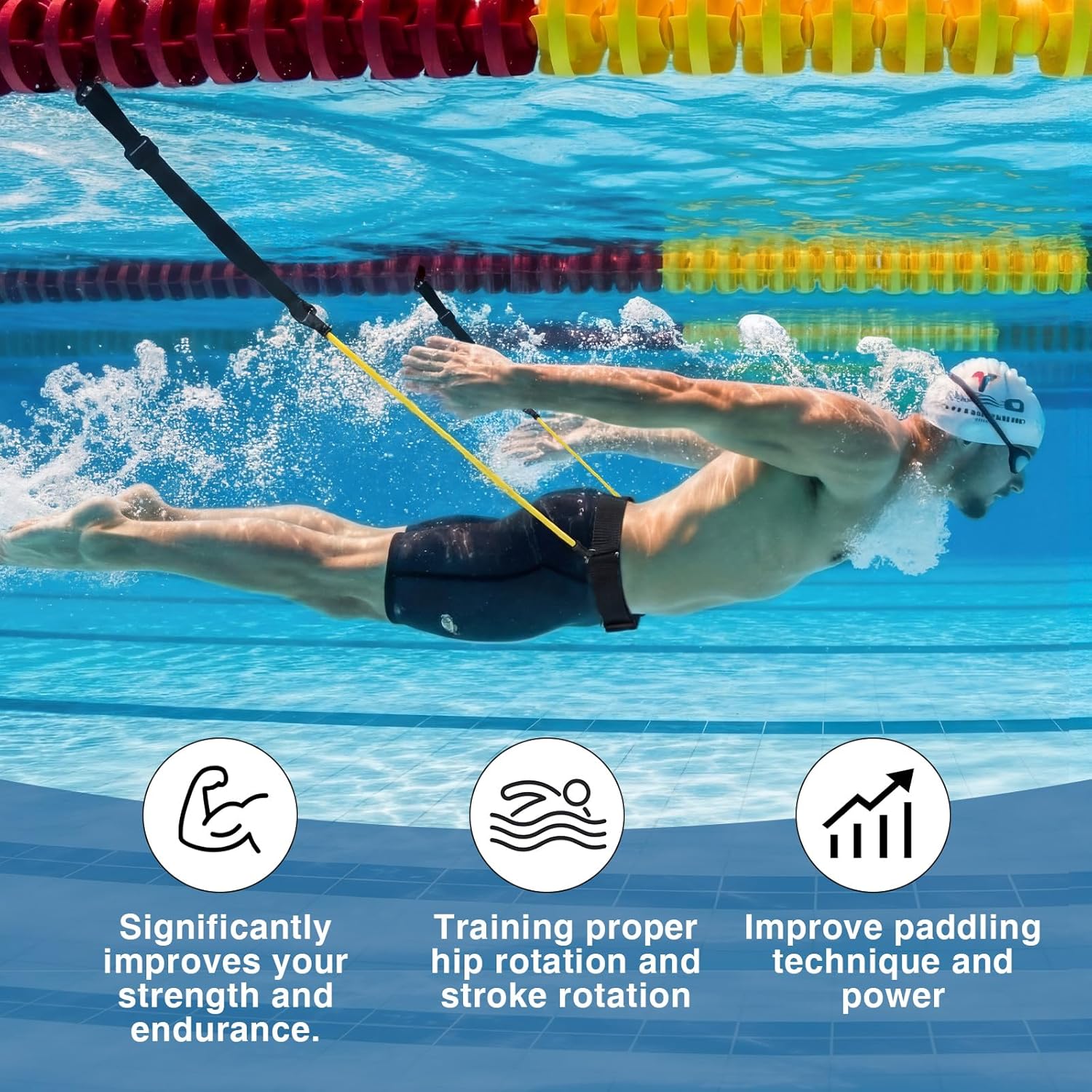 Outus Stationary Swim Trainer Swim Training Belt with 2 Bungee Cords, 2 Adjustable Buckle Straps, Mesh Storage Bag, Swimming in Place Harness for Swimming Pool Aquatic Resistance Water Exercise