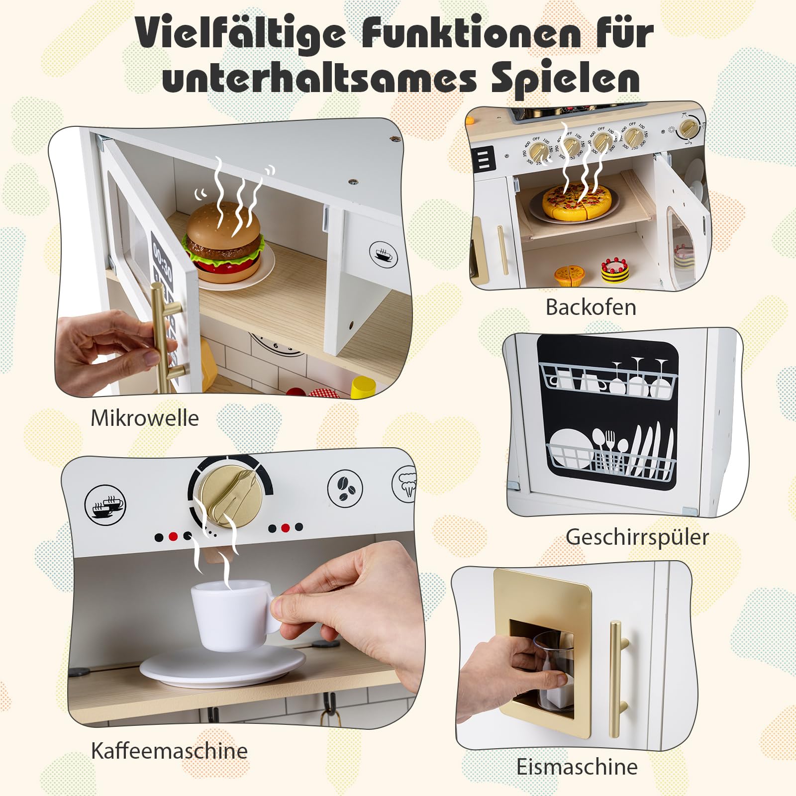 COSTWAY Kinderküche mit Licht & Sound, Spielküche Holz mit Herd, Spüle, Ofen, Eismaschine, Mikrowelle, Kaffeemaschine, Holzüche inkl. 14 Zubehör, Spielzeugküche für Kinder ab 3 Jahren (Weiß)