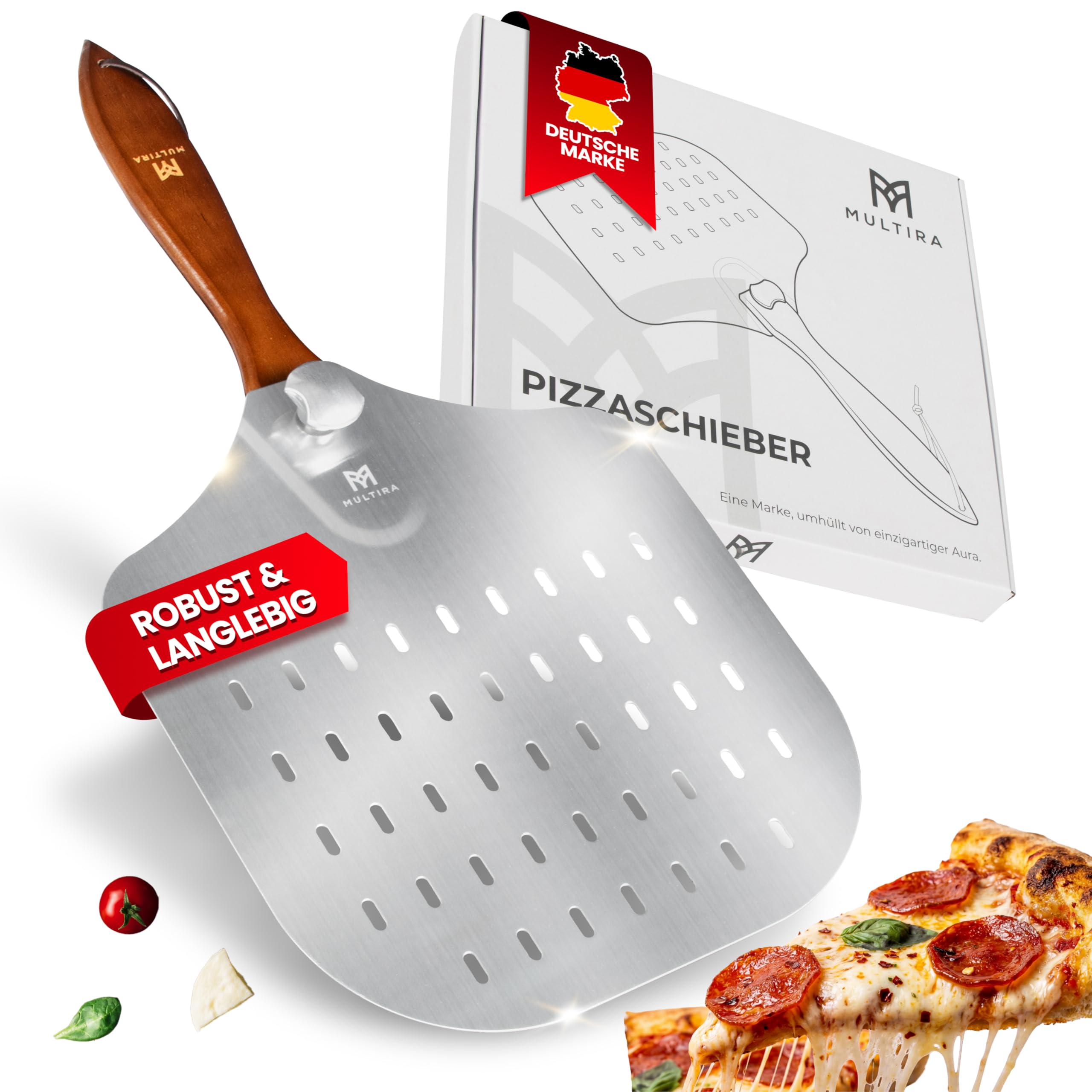 Pala per pizza – Pala per pizza – Pala in alluminio perforato – Paletta girevole rimovibile – Manico ergonomico in legno robusto – Portata 5 kg – Peso 530 g – Dimensioni: 60,5 x 30,5 x 4 cm