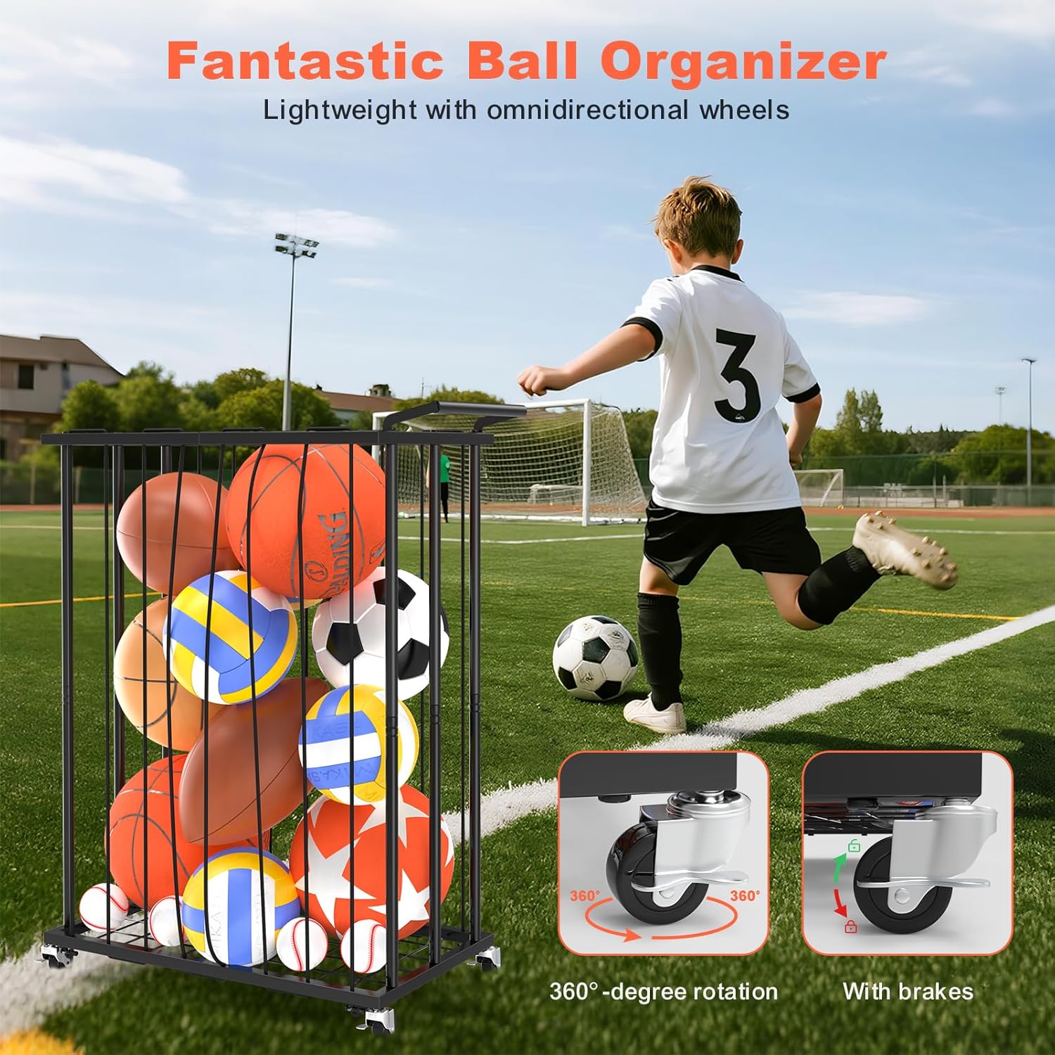 Multi-Functional Sports Storage Rack with Elastic Rope, Movable Racket Holders & Hooks - Heavy-Duty Organizer for Balls, Tennis/Badminton Rackets, Skateboard - Ideal for Garage, Home Gym & Playroom