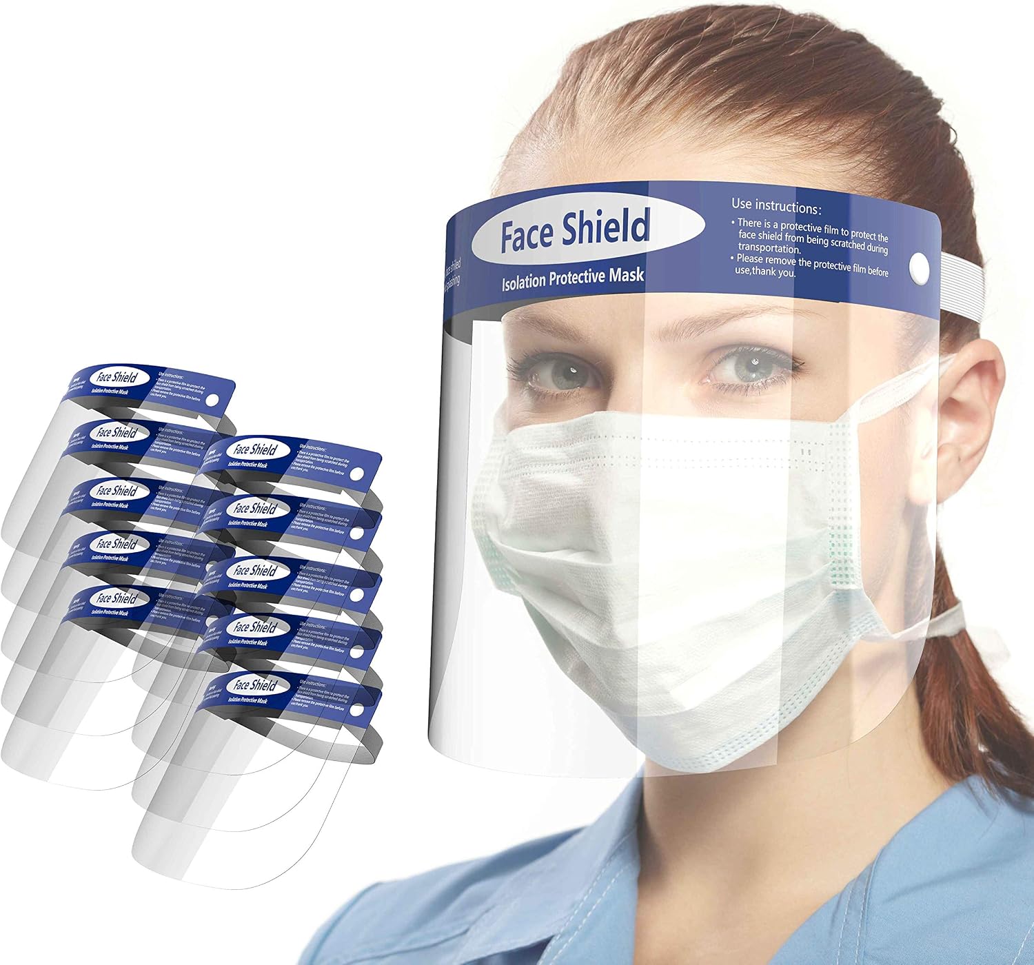 Looflar Anti-Fog Adjustable Full Face Shield with Clear Film Elastic Band and Comfort Sponge (10 PACKS)