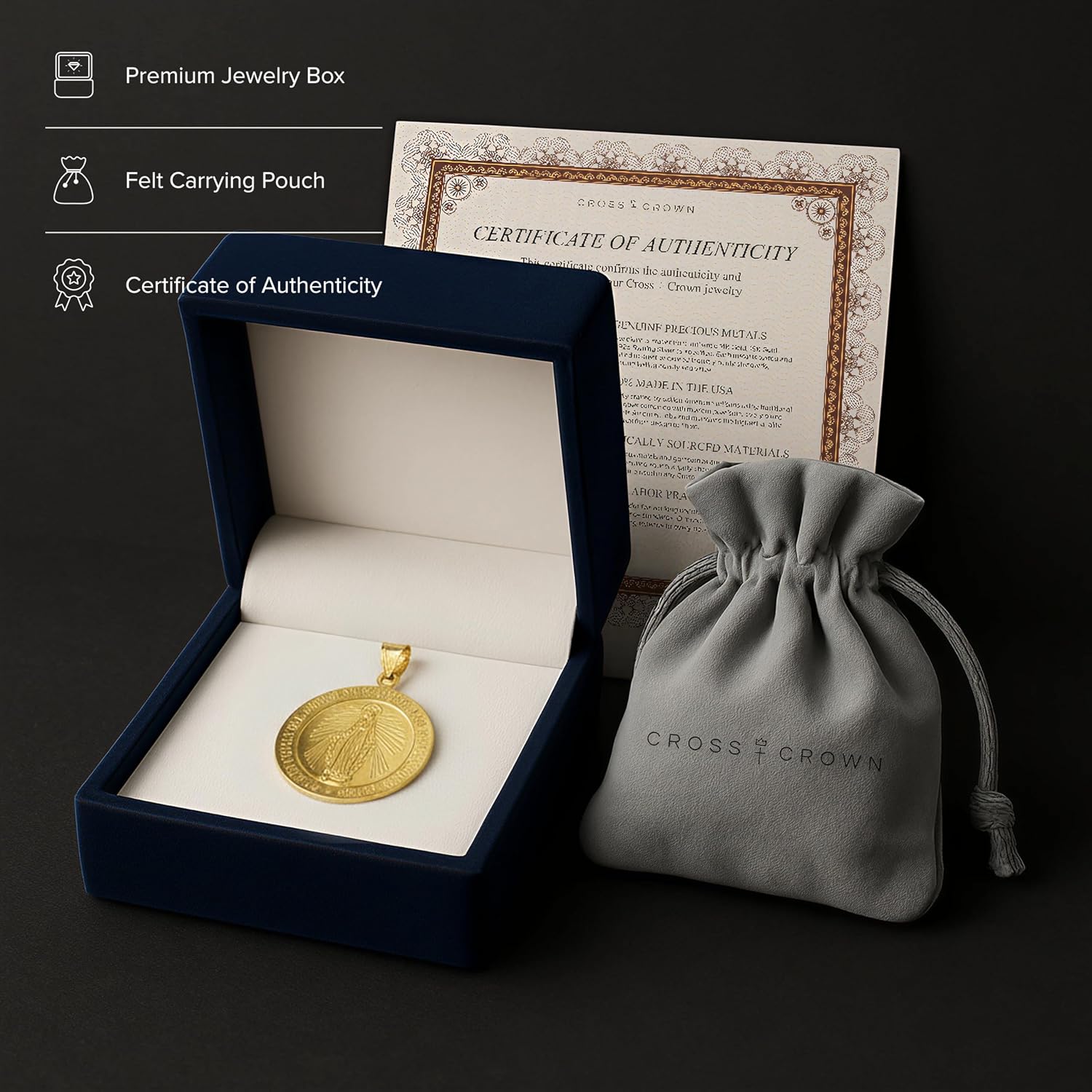 Cross+Crown Premium 14K Yellow Gold Virgin Mary Medal for Women & Men, Shiny Finish, Durable Double-Bonded 14K Yellow Gold Virgin Mary Pendant for Necklace, Women & Mens Gold Virgin Mary Medal, Handcrafted Religious Jewelry in the USA, 0.75"