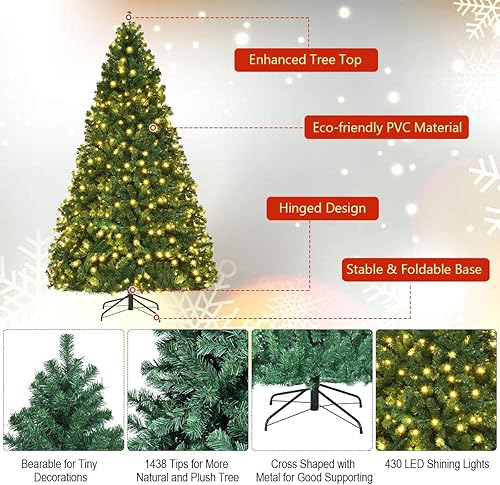 Vista 60 de Goplus 7.5ft Pre-lit Artificial Christmas Tree, Hinged Premium Spruce Xmas Full Tree with 1346 PVC Tips, 400 LED Lights, Folding Metal Stand, for