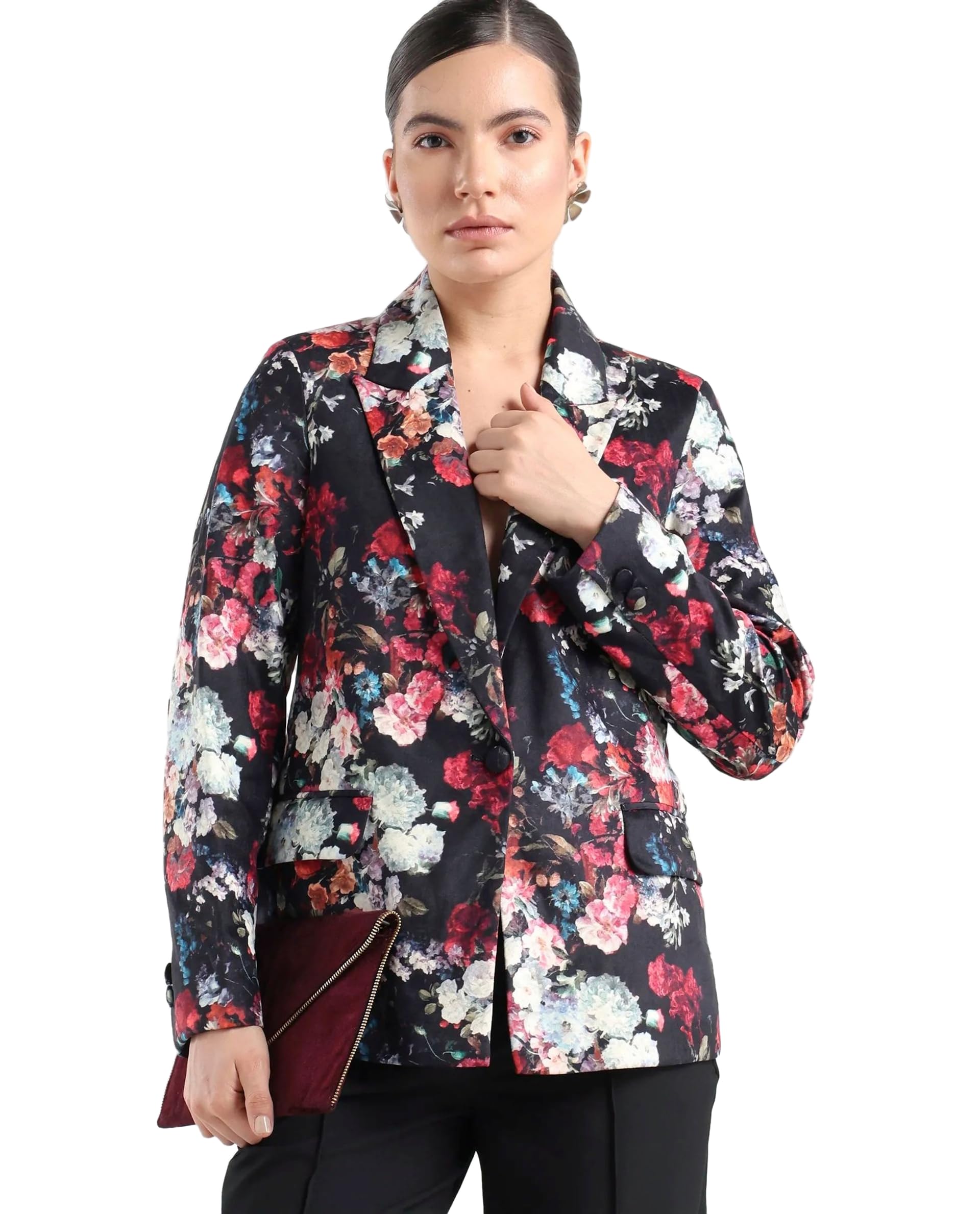 rareism Tailored Floral Black Velvet Notch Lapel Blazer-picture-37