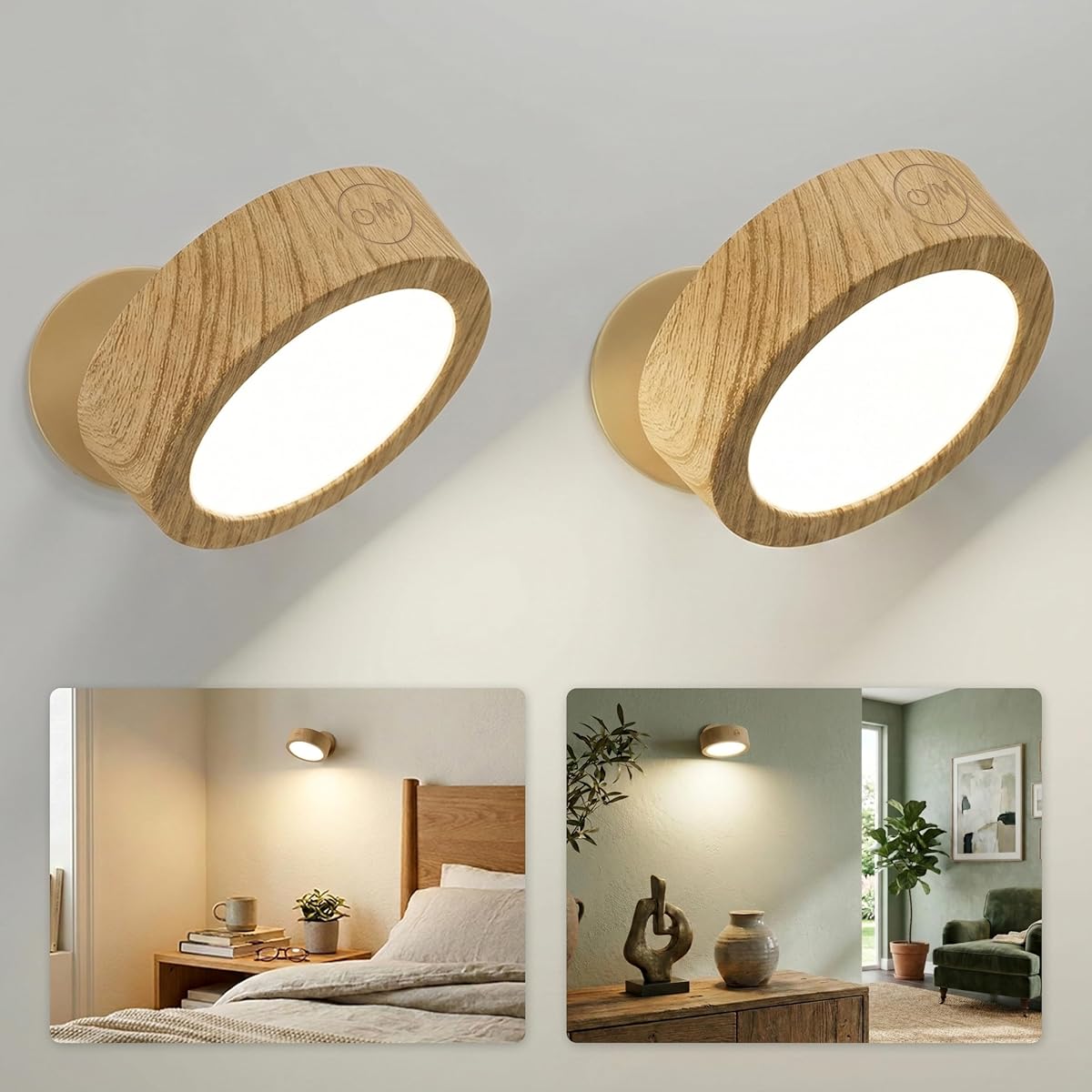 EZVALO LED Wall Mounted Light, 3000mAh Rechargeable Cordless Wall Sconce, Dimmable with Remote & Touch Control, 3 Color Temps, 360° Rotatable for Bedroom, Bedside, Reading(Wood, 2Pack)
