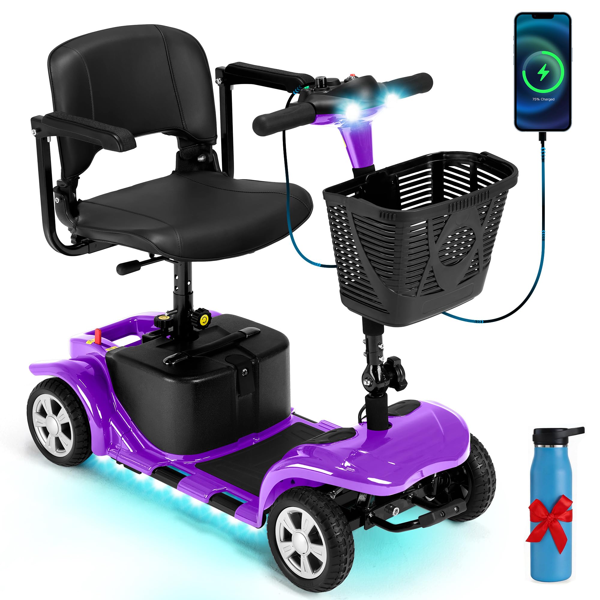 Mobility Scooters for Seniors, Adults, 15 Miles Electric Powered Mobility Scooters, 4 Wheels Foldable Mobility Scooter with USB Interface & Detachable Battery, Charger Include (Purple)