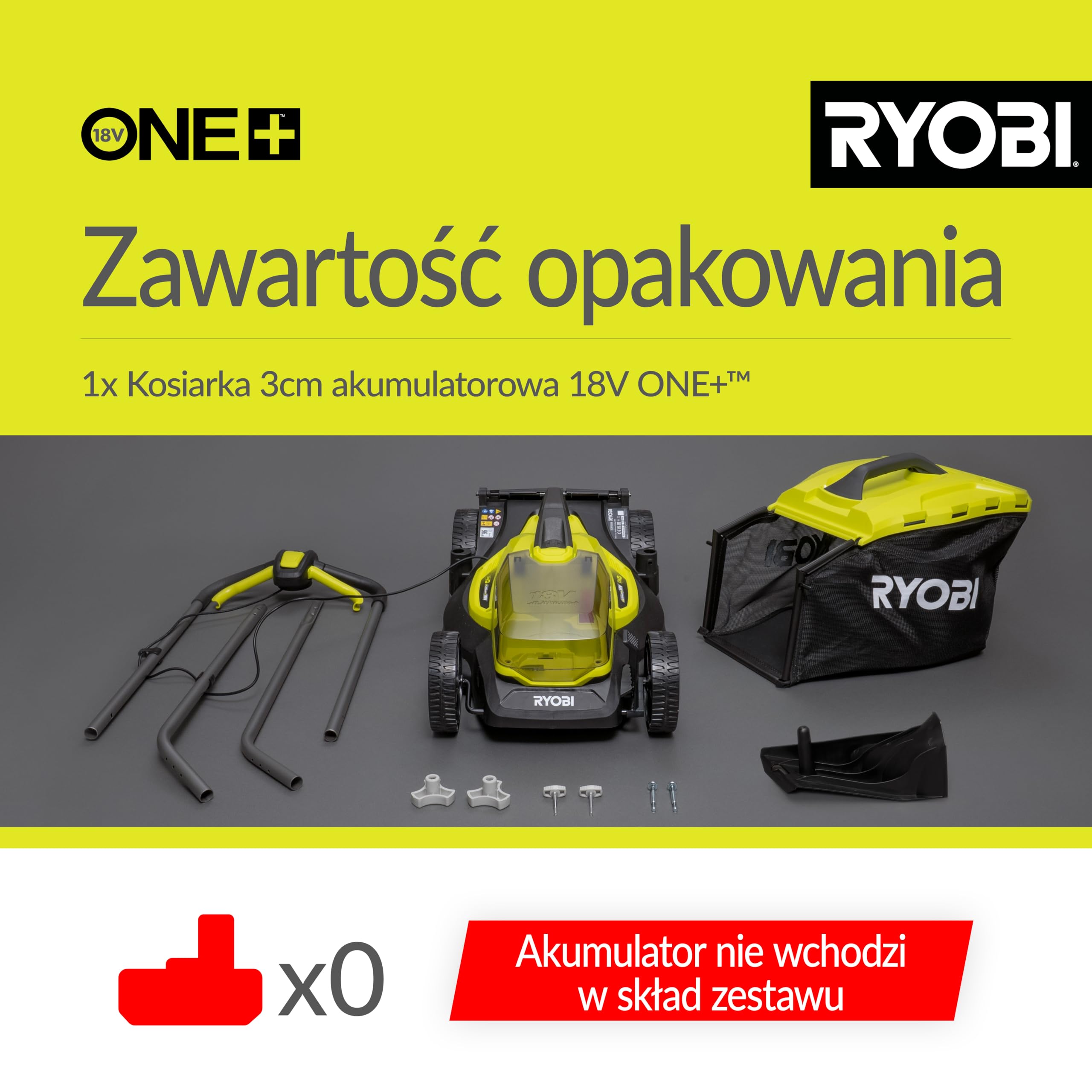 Ryobi Bezprzewodowa Kosiarka 18 V, OLM1833B, Szerokość Koszenia 33 cm, 5-Stopniowa Regulacja Wysokości Koszenia, od 25 mm do 65 mm, Kosz na Trawę 35 L, Wersja bez Akumulatora i Ładowarki