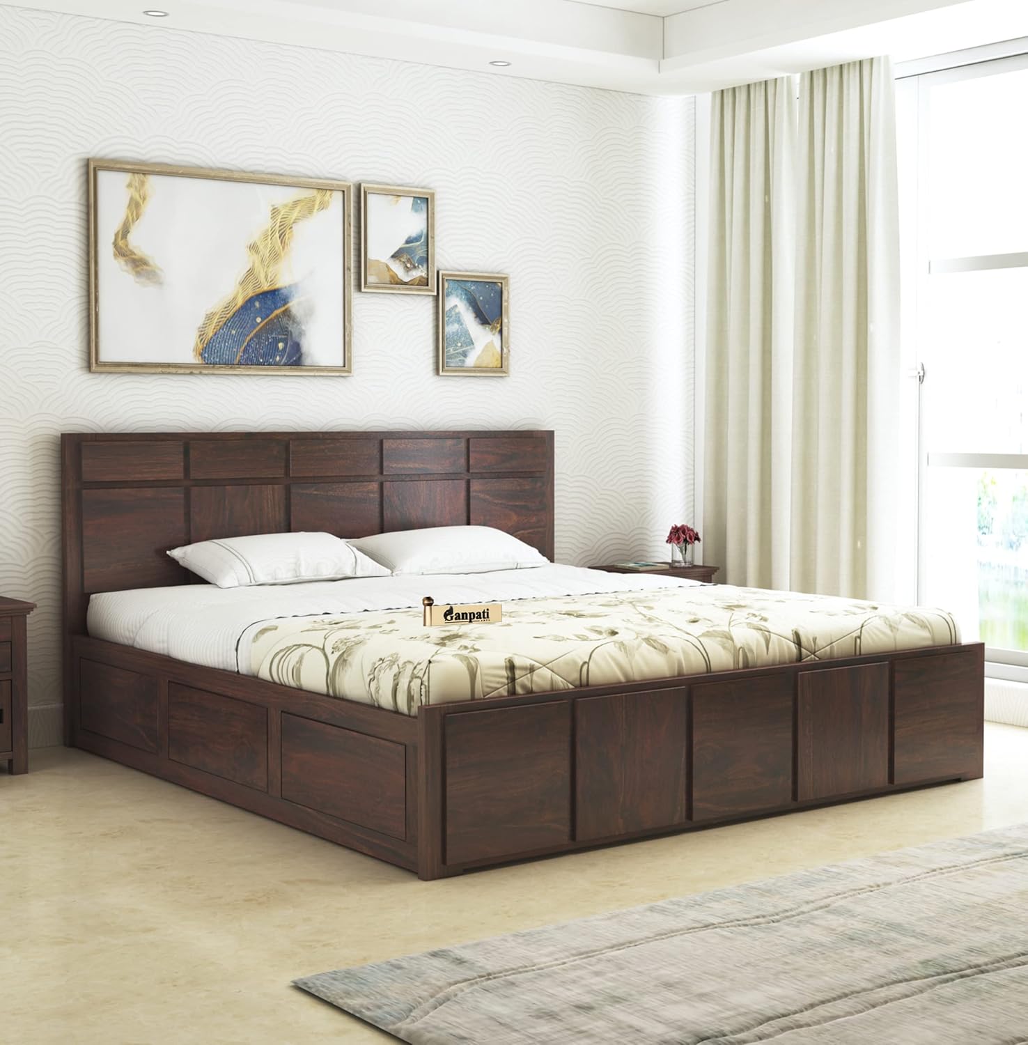 GANPATI ARTS Solid Sheesham Wood Scott King Size Bed with Box Storage Wooden Double Bed Palang