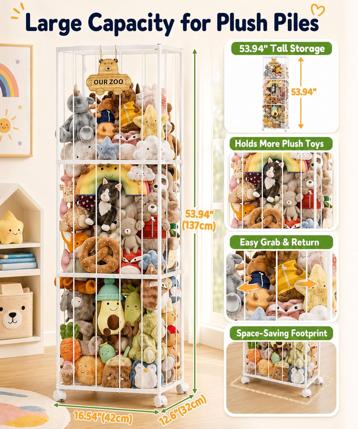 Homde Stuffed Animal Storage for Kids: Large Capacity Plush Toy Organizer - Space Saving 54in Rolling Holder for Kids Room Playroom Nursery