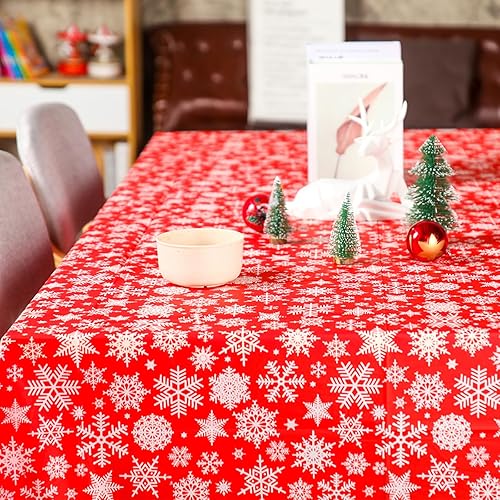 Miniatura 4 de Juego de 3 piezas de mantel de plástico navideño de 54 x 108 pulgadas con base roja, diseño de copos de nieve blancos, mantel rectangular desechable