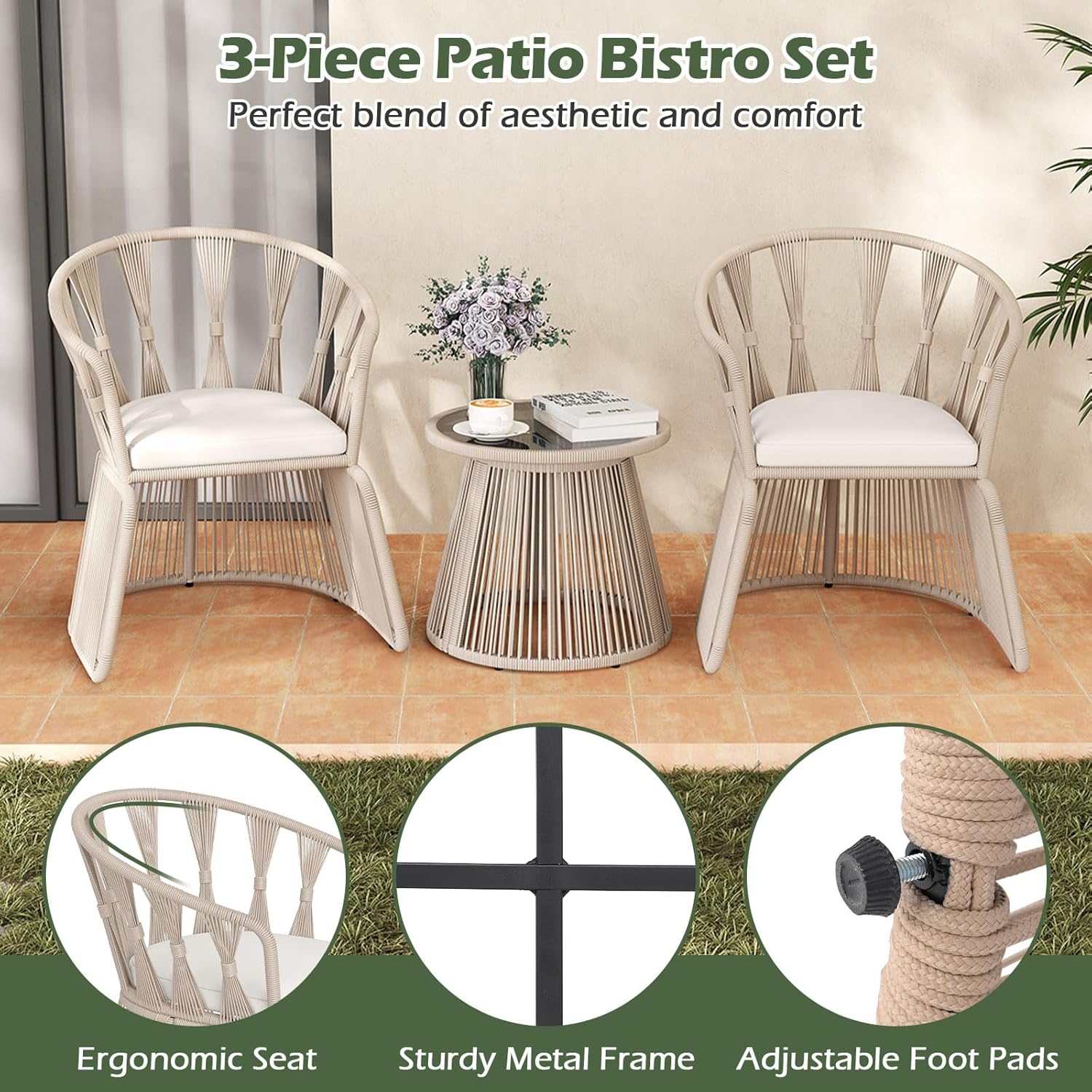 Tangkula 3 Piece Patio Leisure Chair Set, Outdoor Rope-Woven Cushioned Armchairs & Table Set with Tempered Glass Tabletop, for Balcony, Porch, Backyard (Off White)