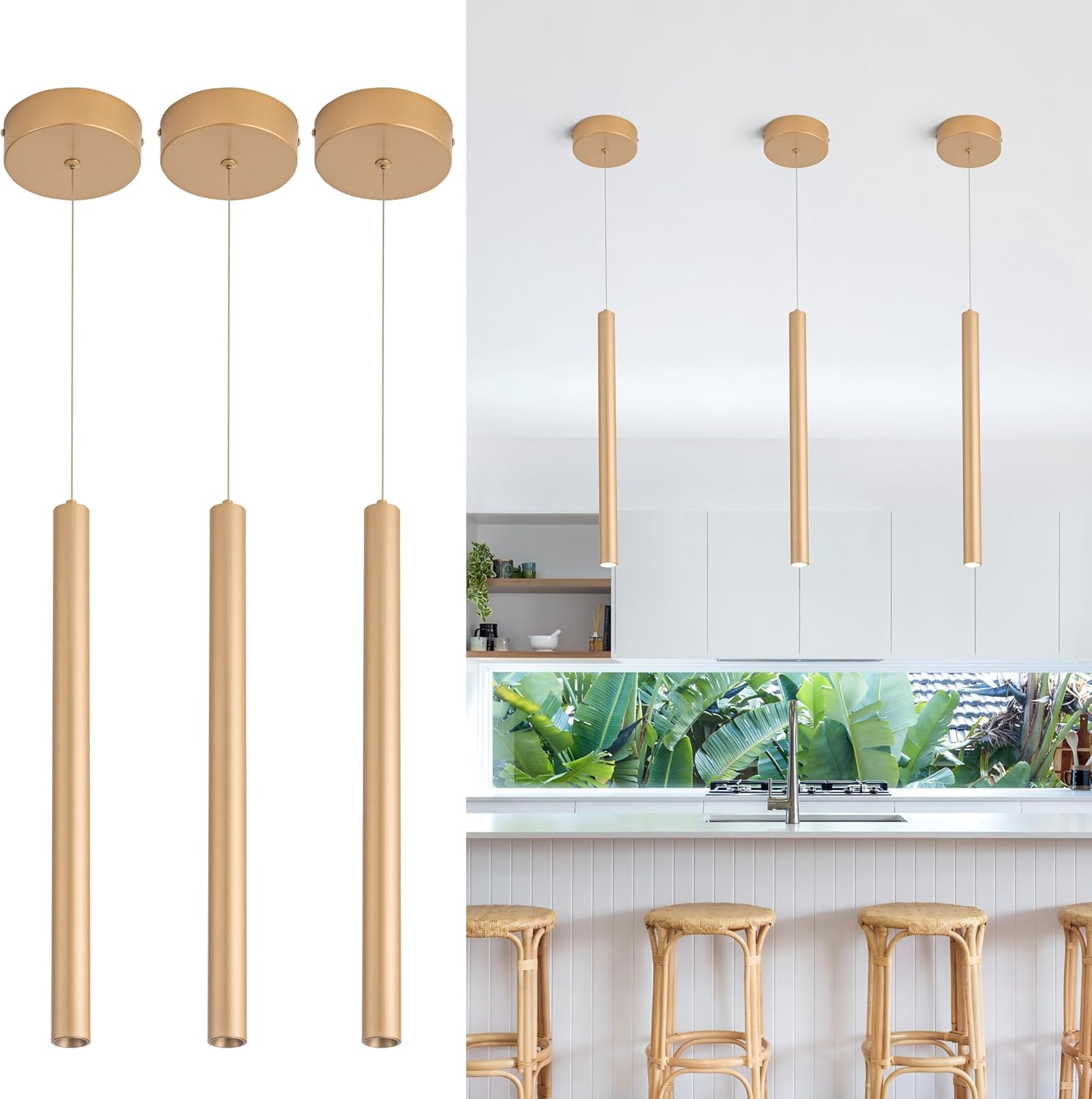 Pendant Lights Kitchen Island,Mini Pendant Lighting,3 Packs Light Modern Pendant Light, Pendant Light Fixtures Ceiling Hanging Lights for Kitchen Island Dining Room Bar Living Room 6000K Gold