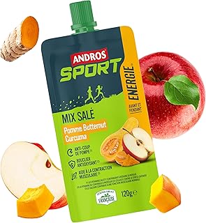 Andros Sport Gourde Mix Salé - Pomme, Butternut et Curcuma - Goût Savoureux et Apport d'Energie Pendant l'Effort - Glucose, Calcium et Vitamine B6 - Lot de 18 gourdes de 120g