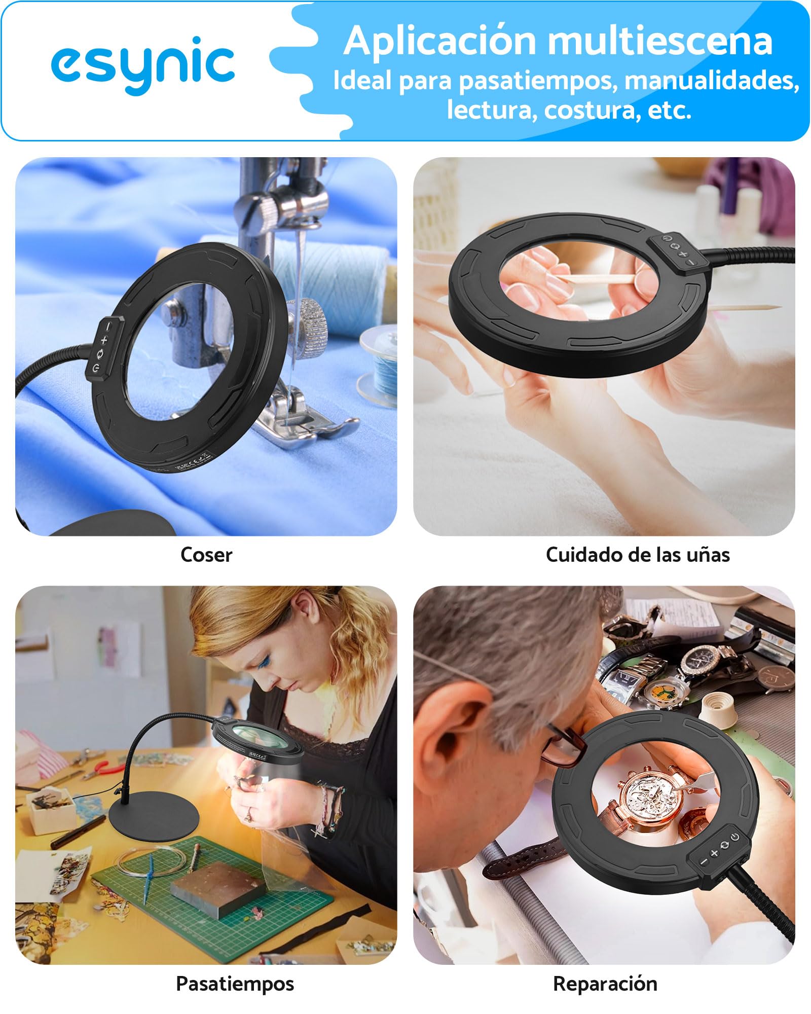 eSynic Lupa con Luz LED 8X Profesional Lámpara de Mesa con 72 LED Ajustables, 10 Niveles de Brillo + 5 Temperaturas de Color, Base de Metal Pesado y Brazo Flexible de 35cm para Lectura/Manualidades