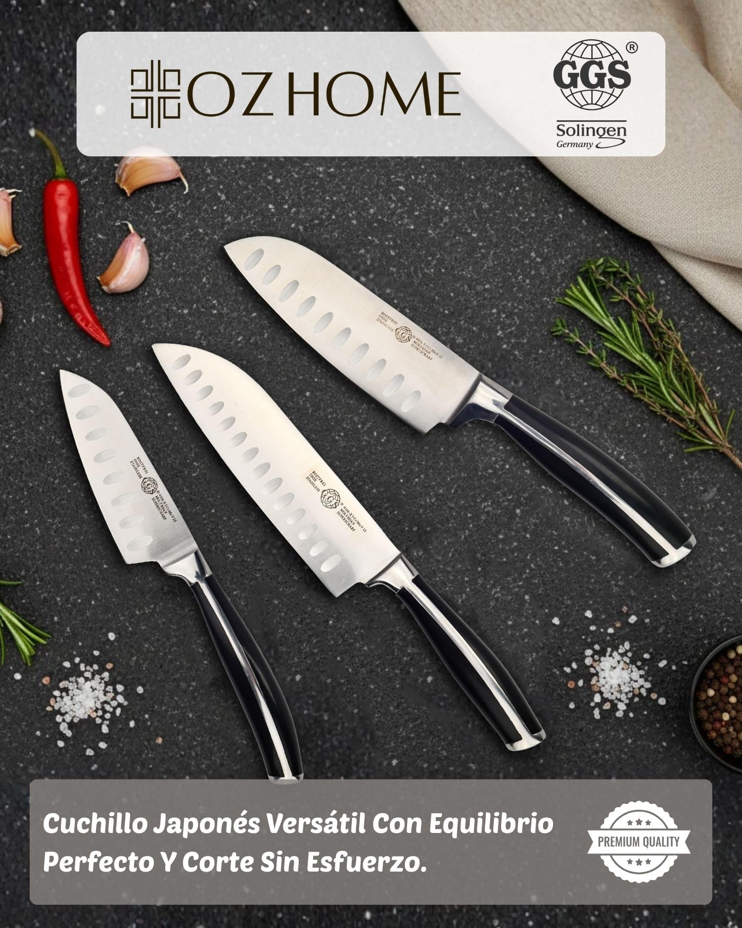GGS Collection Home And Kitchen Juego De Cuchillos De Cocina Santoku 4 Piezas Con Bloque,Cuchillos Cocina De Utensilios De Cocina Acero Inoxidable Templado Especial,Solingen Standard,Accesorios Cocina