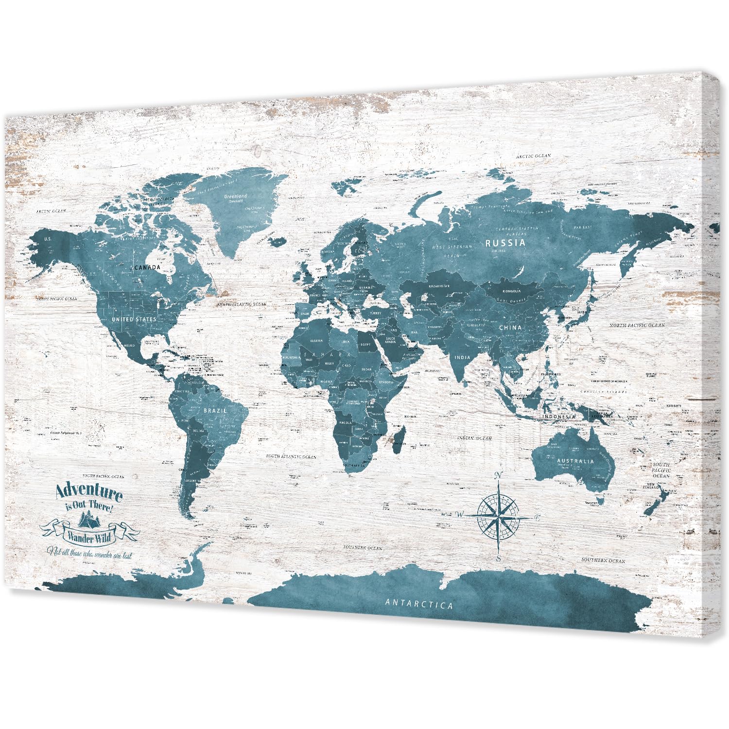 IPIC Vintage Teal World Maps for Wall, World Map Canvas, Size 42x28 in