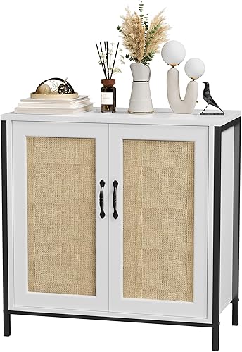 Towallmark Armario de almacenamiento de ratán con puertas y estantes, aparador de ratán natural y buffet con almacenamiento, gabinete de acento
