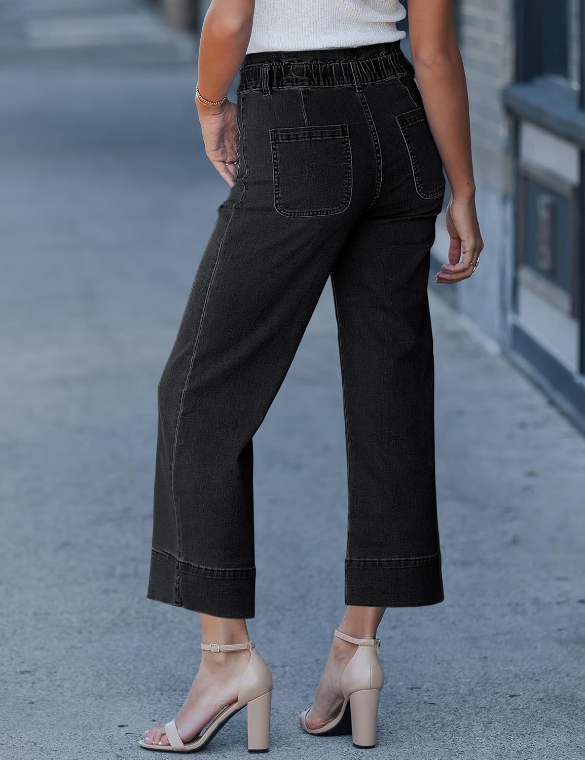 luvamia Wide Leg Jeans for Women Cropped High Waisted Patch Pocket Paper Bag Waist Stretchy Denim Pants Trouser Jeans - Image 3