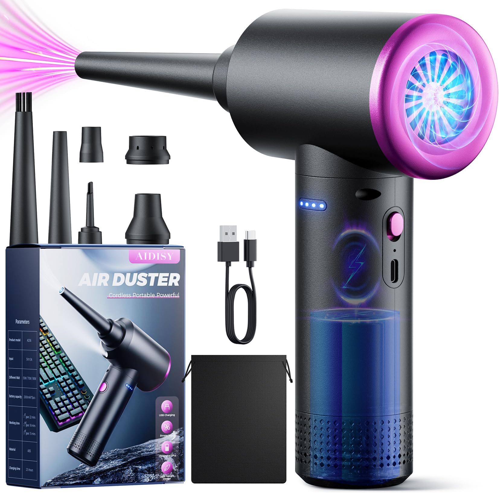 Compressed Air Blower - 100000 RPM Compressed Air Spray with 9000mAh Battery, 3 Speed Vacuum Cleaner Keypad Cleaning Kit with LED Light for PC Cleaning
