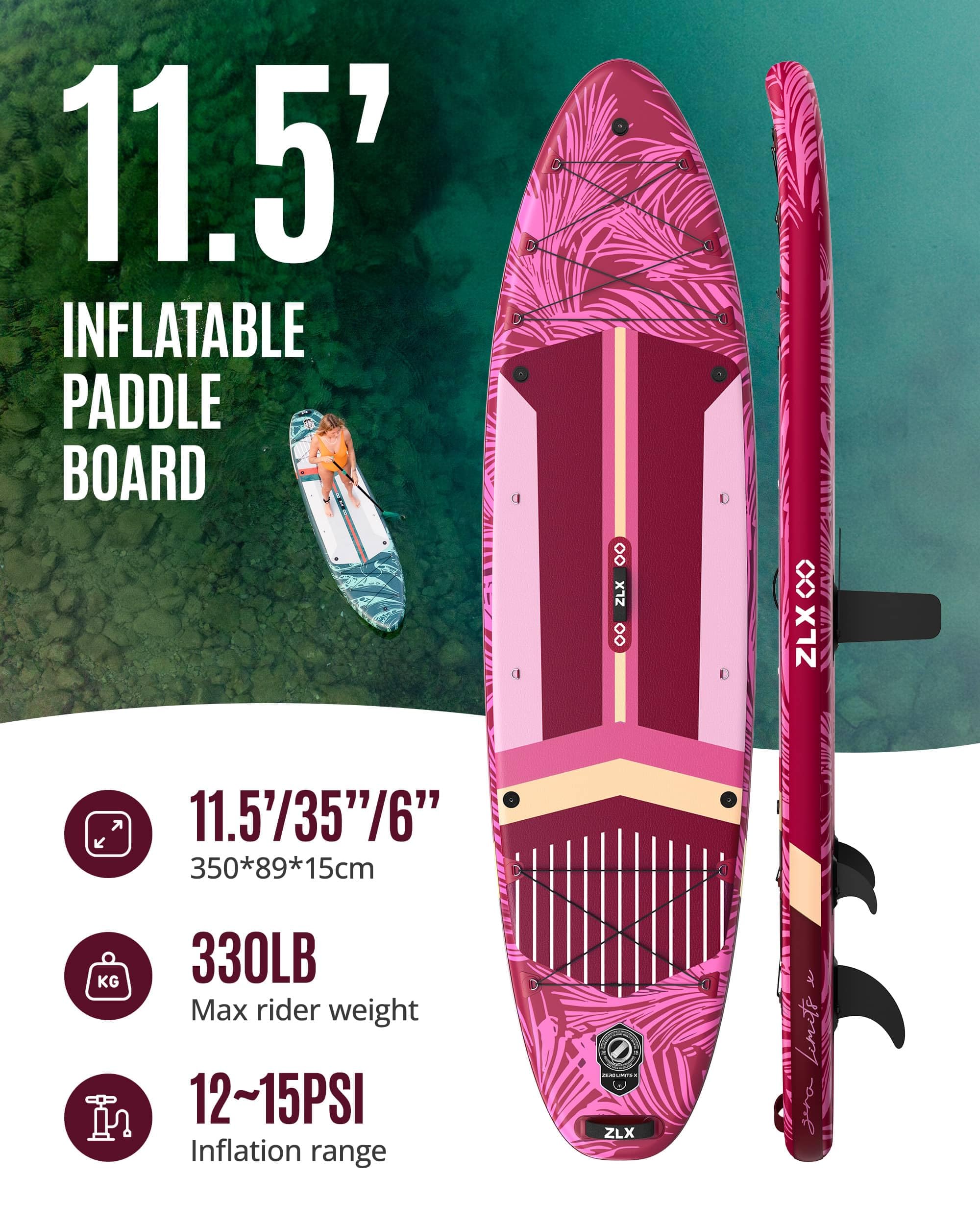 ZLX 350 CM Gonfiabile Stand Up Paddle Board Perfetto per tutti i livelli di abilità, adulti e giovani Ampio design stabile, copertura antiscivolo, pagaia regolabile, guinzaglio di sicurezza e borsa