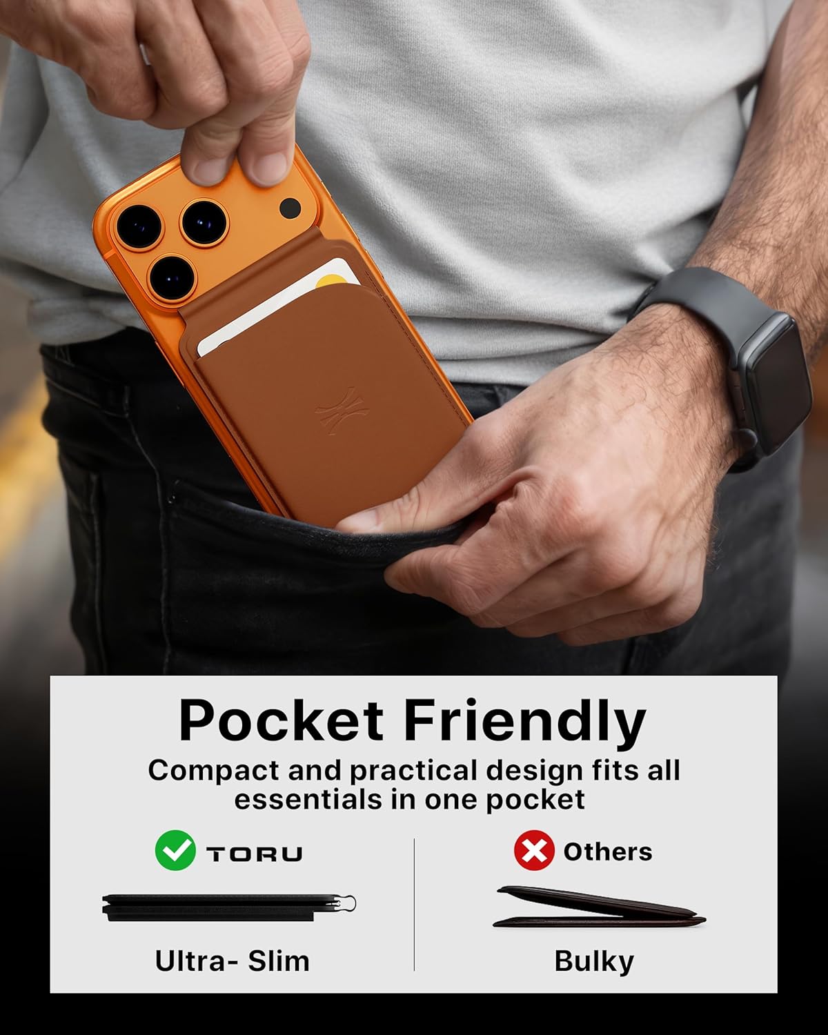 TORU for MagSafe Wallet with Adjustable Stand & RFID Protection, Vegan Leather Magnetic Bi-Fold Flip for 6-Card Holder with ID Window Slot for iPhone 17/16/15/14/13/12 Pro Max Plus Air Series - Brown - Image 5