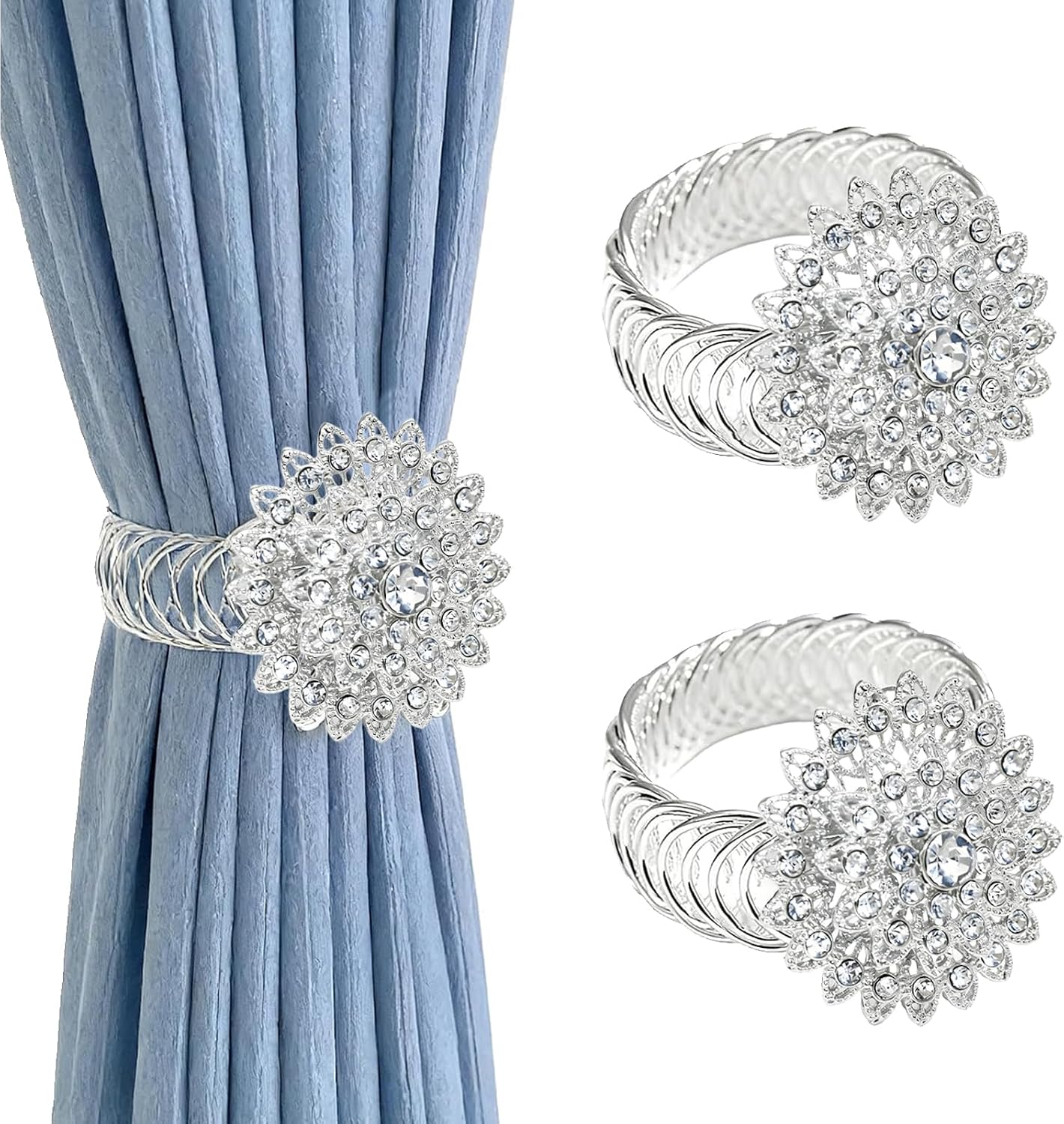 Silver Crystal Flower Curtain Tiebacks 2 Pack Sparkly Rhinestone Curtain Holdbacks,No Drill Curtain Ties & Auto-Closing Spring Wire,Boho Curtain Tie Backs for Office Living Room Bedroom Decor