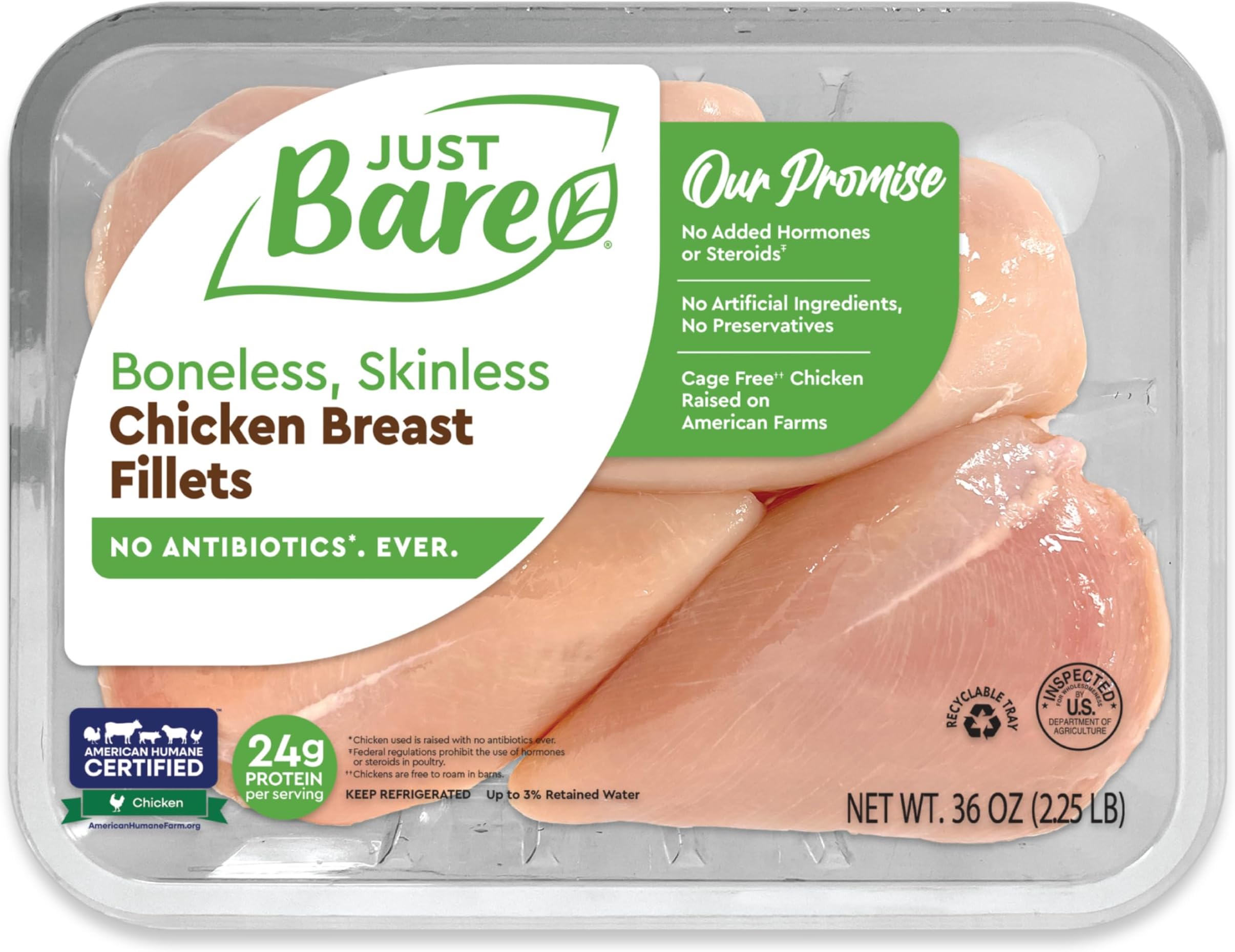 Just Bare® Natural Fresh Chicken Breast Fillets | Family Pack | No Antibiotics Ever | Boneless | Skinless | 2.25 LB