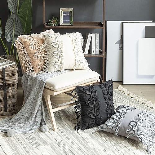 Miniatura 4 de Phantoscope Almohada de macramé de algodón hecha a mano con simetría 3D tejida a ganchillo, estilo bohemio, cojín decorativo para sofá, sofá, rosa,