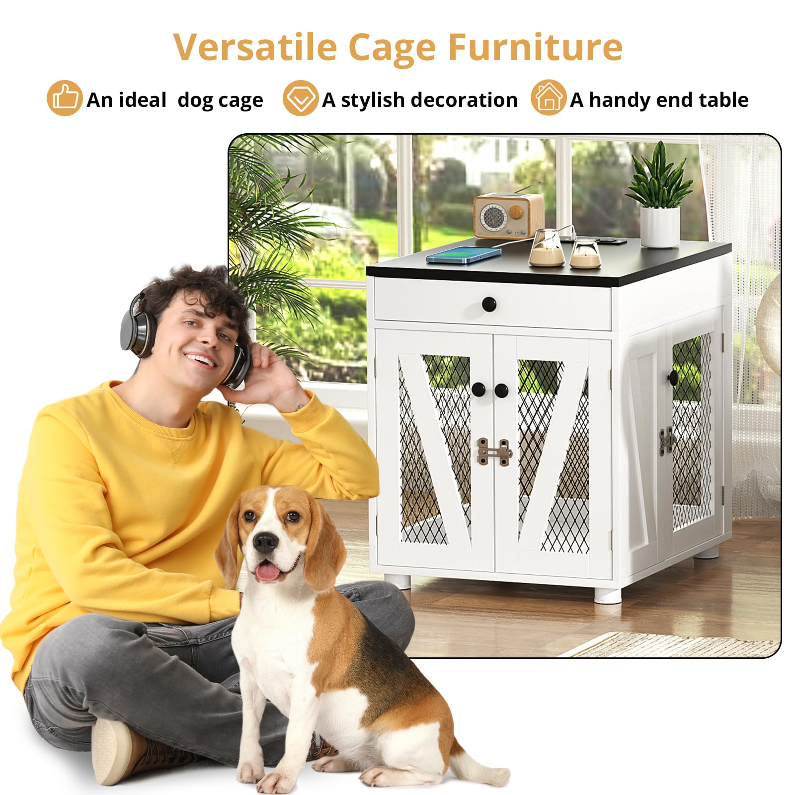 VOWNER Dog Crate Furniture, Wooden Dog Kennel End Table with USB Charging Station, Storage Drawer, Double Latched Door, Furniture-Style Crate Side Table for Small Dogs Under 25 lbs Indoor Use, White - image 6