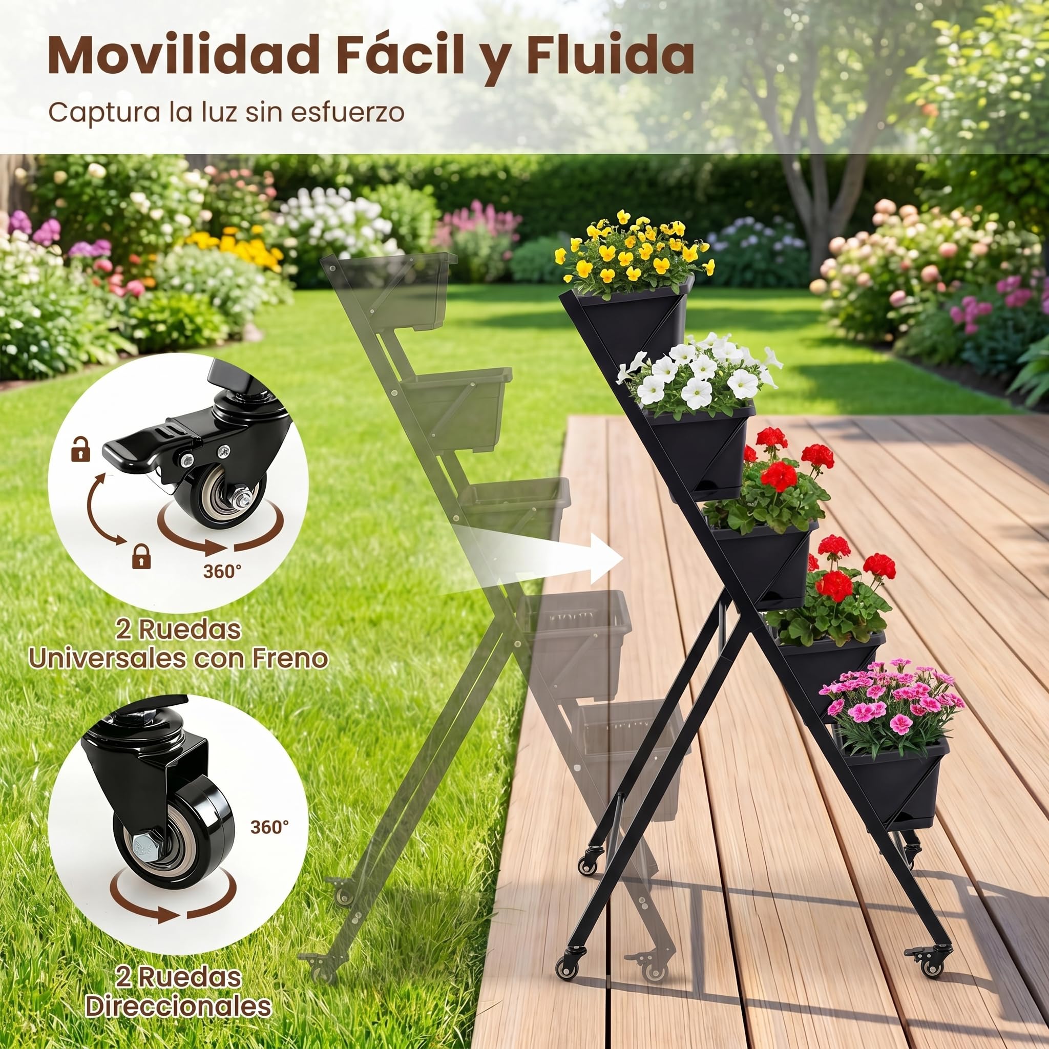 COSTWAY Jardinera Vertical con 5 Macetas, Huerto Urbano Elevado con Ruedas, Estructura de Metal, Orificios de Drenaje, Bandejas Desmotanbles, Jardinera Elevada Exterior, 57 x 68 x 117 cm