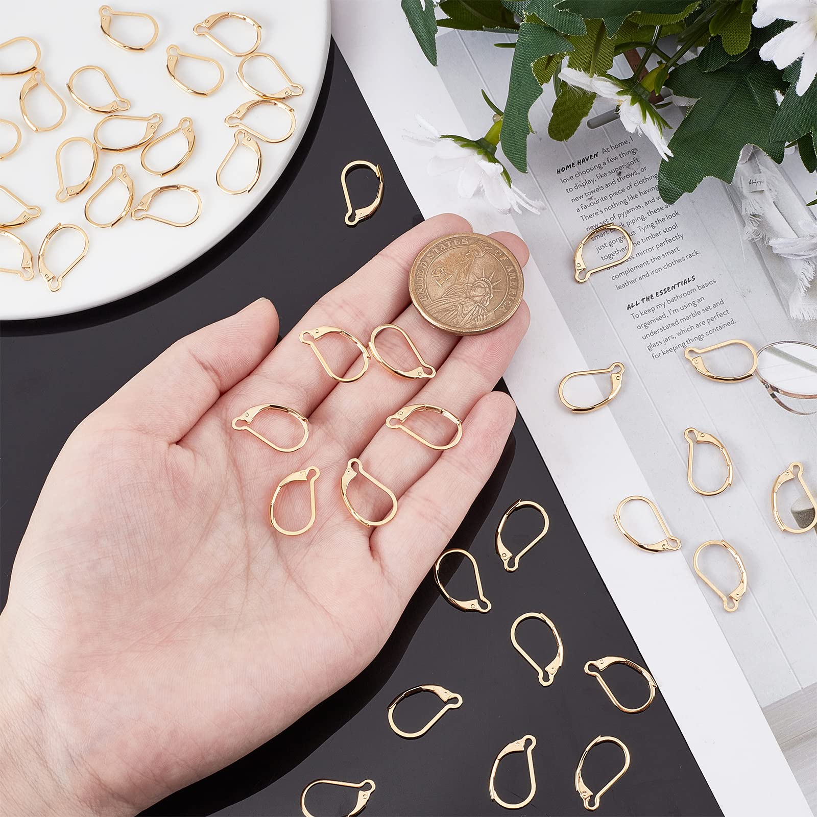 Beebeecraft 50 pezzi Chiusura Ganci per Orecchini 24K Placcato Oro 16x10mm Connettore Orecchino a Clip