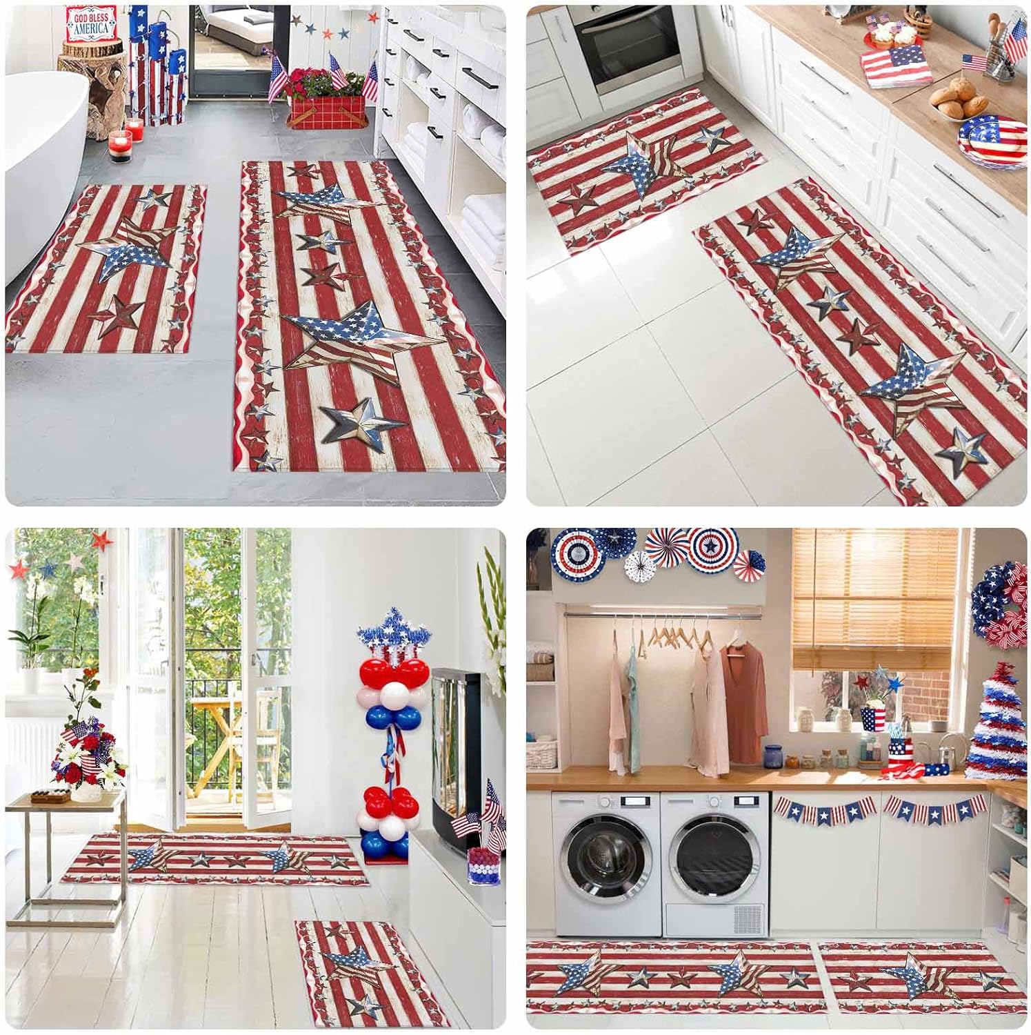 2 Pieces Kitchen Rugs and Mats,Independence Day American Star Area Runner Rug Set Non Slip Floor Doormat Washable Carpet Standing Mat for Kitchen Sink Indoor Corridor,Farmhouse Retro Red Stripe Wood