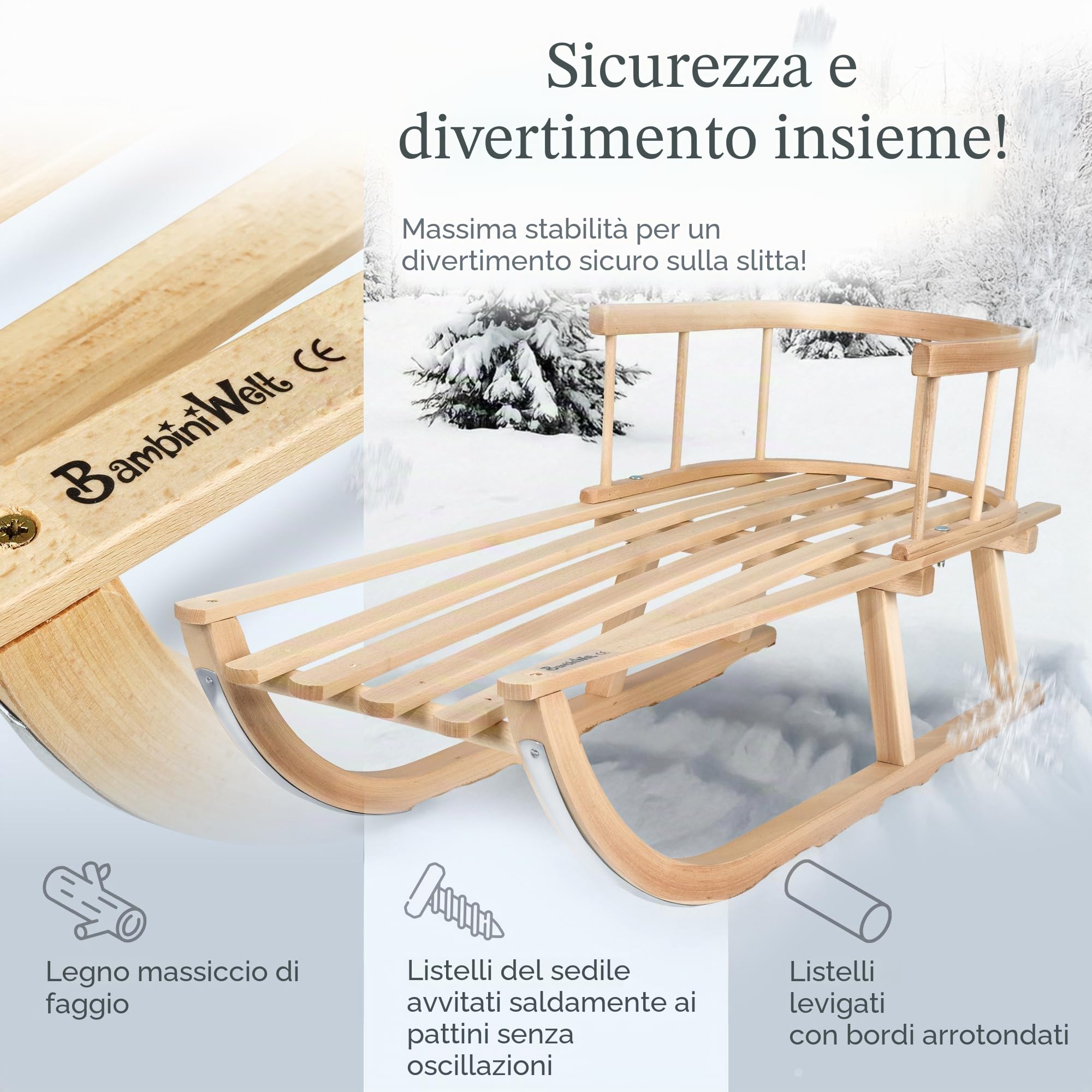 Slitta per bambini da 90 cm con schienale – Slitta in legno di faggio massiccio – Slittino da neve Davoser con guinzaglio e manico – Pattini robusti con raccordi in acciaio a scorrimento fluido