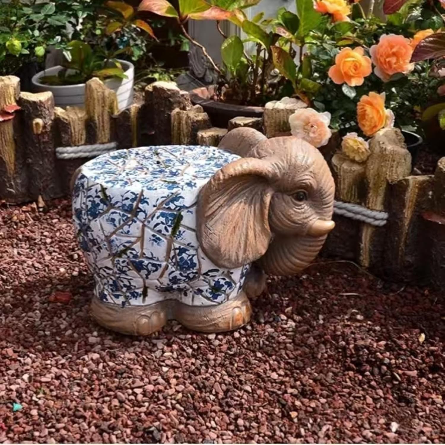 Blue and White Elephant Stool, Outdoor Plant Stand, Decorative Garden Stool, Backyard Decorations, Outdoor Statues for Garden, Backyard, Patio, Hand-Painted Artistic Garden Decor