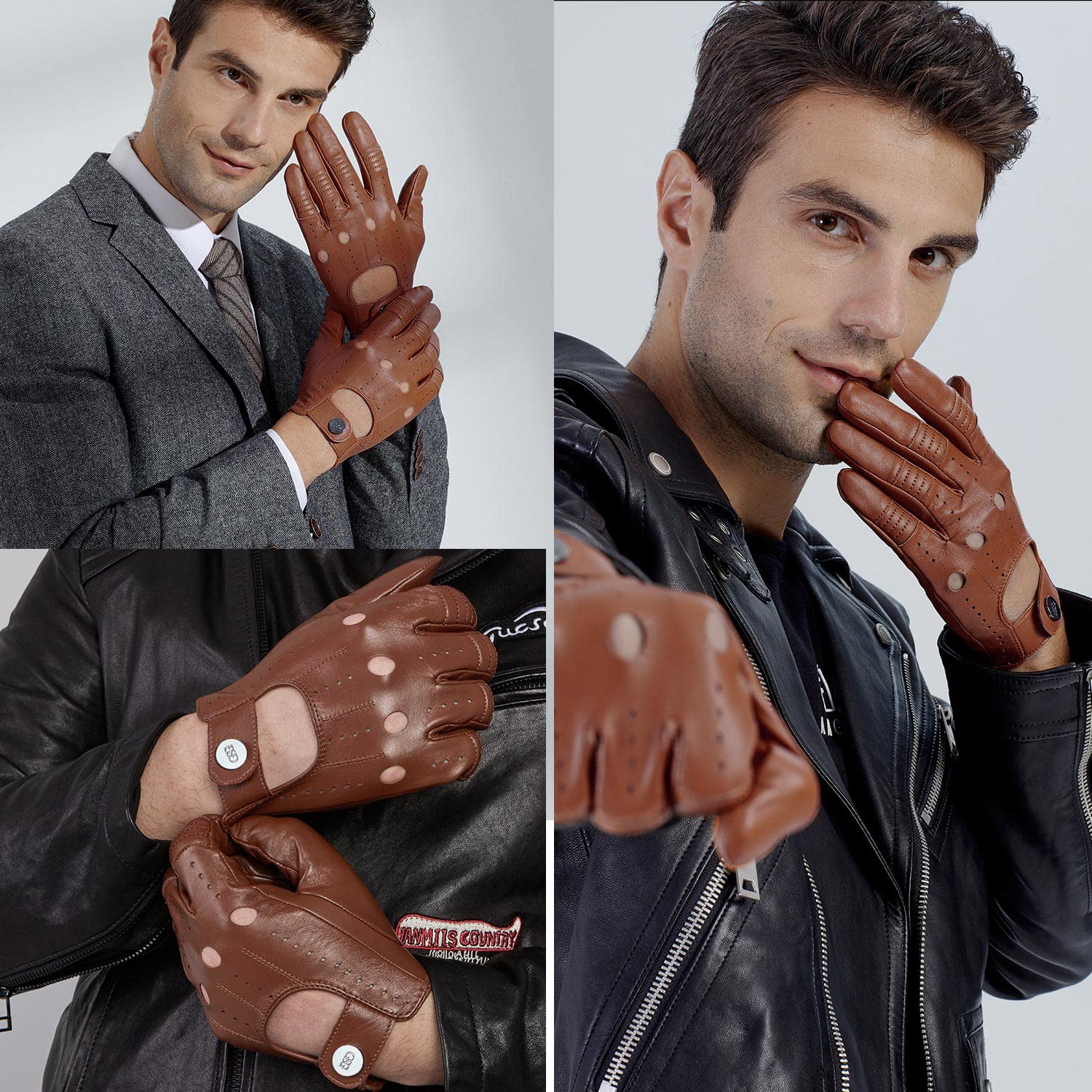 GSG SINCE 1998 Gants cuir homme, gants de conduite tactiles | Cuir perforé sur paume et doigts, non doublé et respirant, poignet court à bouton : auto, moto, écrans tactiles