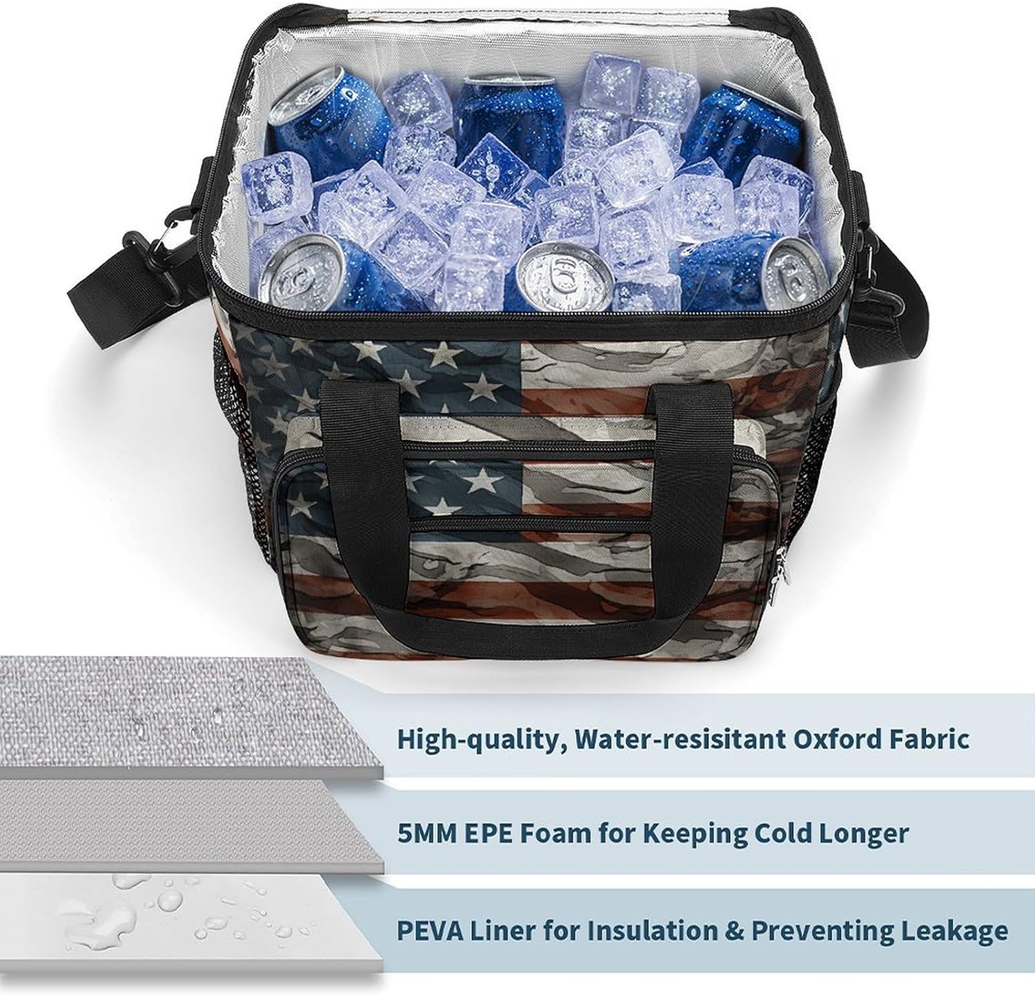 Camping Ice Pack, American Camouflage Print Cooler Bag, 22.5L Large Capacity Insulated Lunch Tote Bag for Outdoor, Picnic, BBQ, Travel, Work